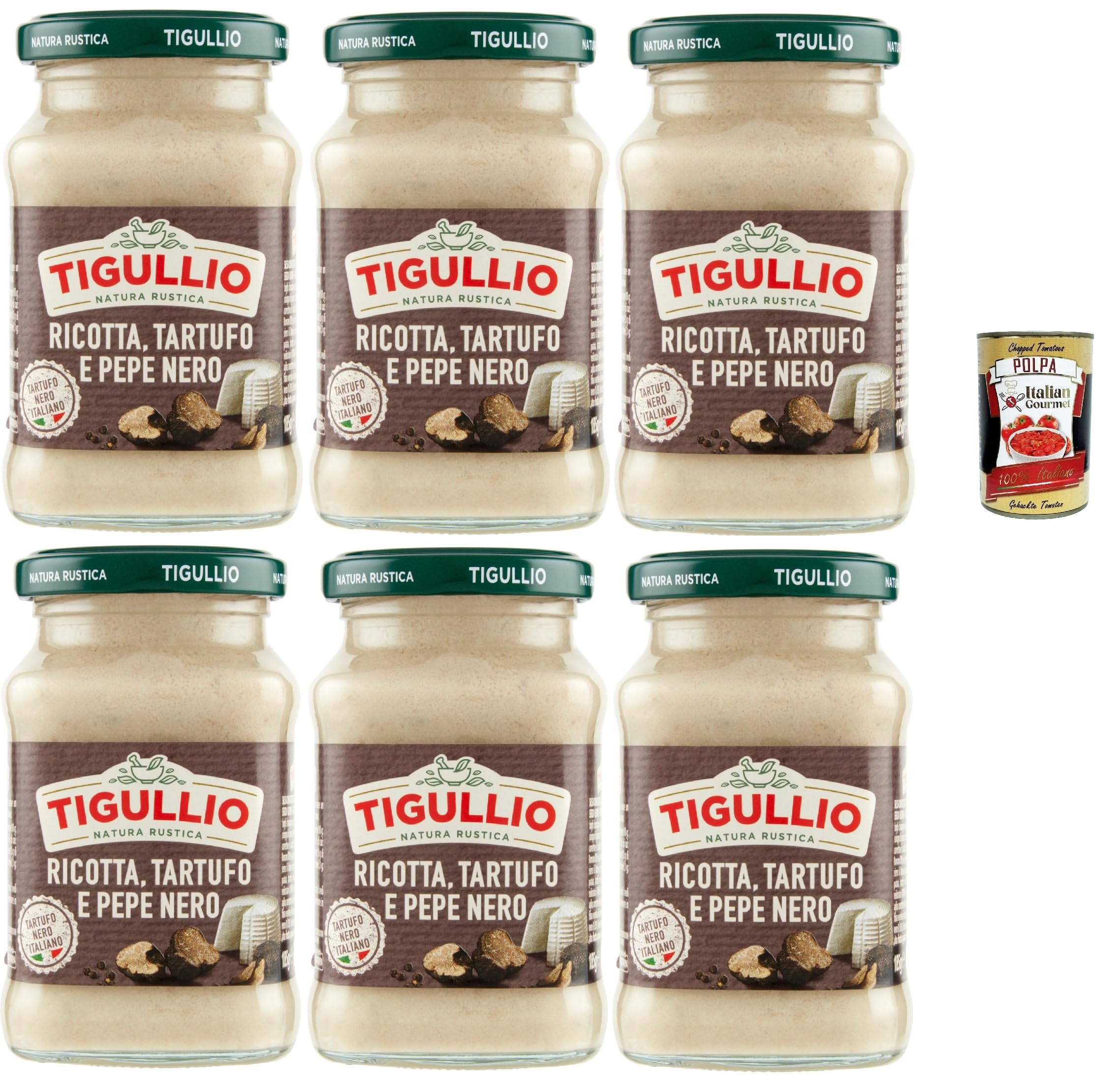 Italian Gourmet Bundle 6x Tigullio Ricotta Tartufo e Pepe Nero 190g + Italian Gourmet Polpa – Cremige italienische Trüffelsauce mit Ricotta & schwarzem Pfeffer für Pasta, Gnocchi & Gourmetgerichte