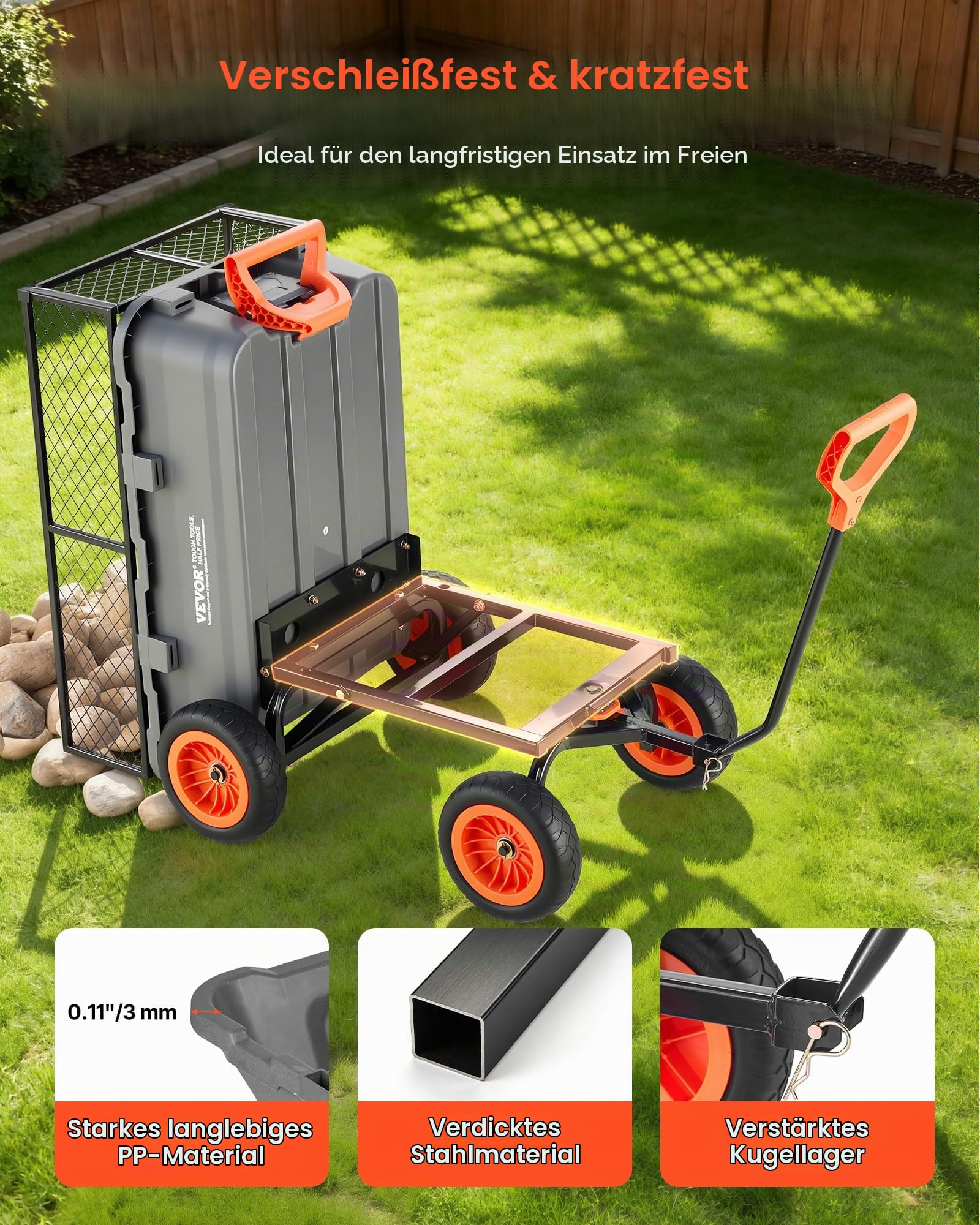 VEVOR Gartenwagen mit Kippfunktion, 362 kg Belastbarer Bollerwagen 270° Drehbarer Transportwagen für Gartenarbeit aus Kunsttoff Stahl mit 10 Zoll Kunststoffreifen Metallzaun für Rasen, Kies & Schlamm