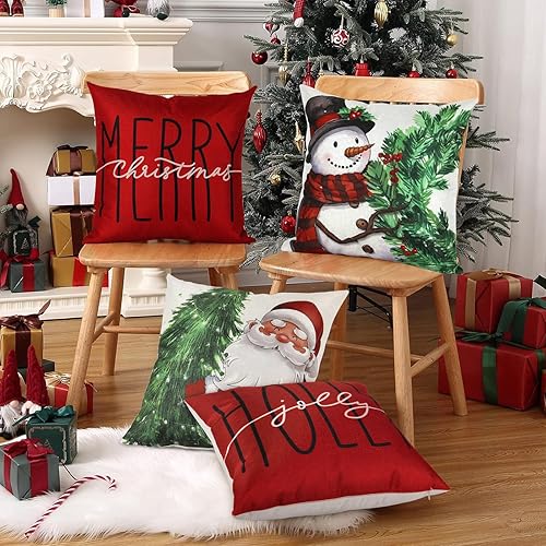 Miniatura 2 de AKIT Juego de 4 fundas de almohada rojas de Navidad de 18 x 18 pulgadas, decoración navideña de granja, muñeco de nieve, corona de Papá Noel, árbol