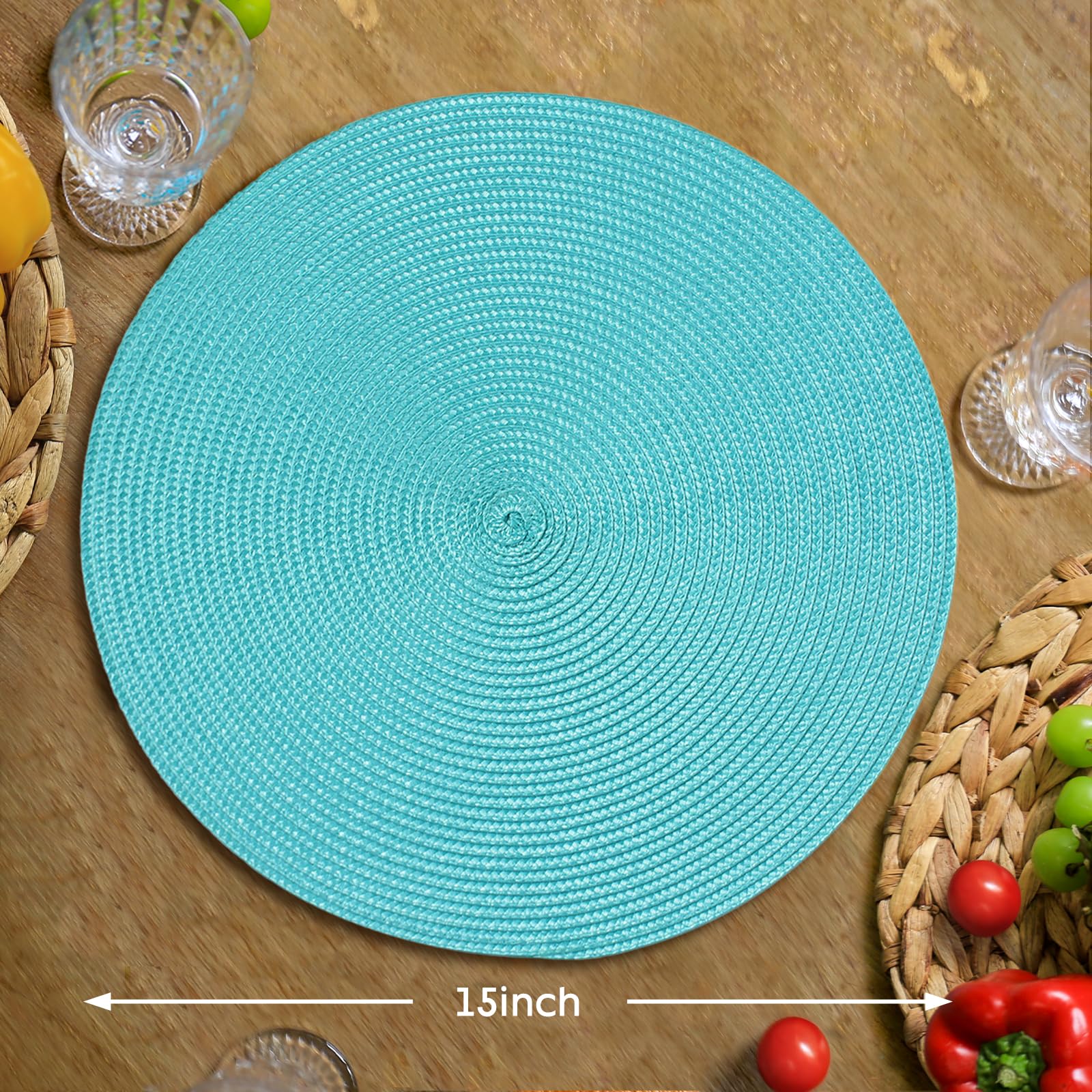 FunWheat, Set di 8 tovagliette rotonde intrecciate per tavolo da pranzo in tessuto, lavabili, antiscivolo, 38 cm (grigio, 8 pezzi