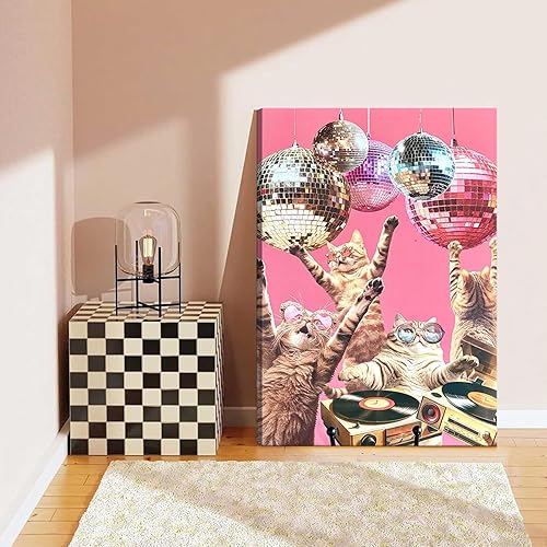 Miniatura 6 de Lienzo de fiesta de gatos con diseño de discoteca funk, arte de pared, carrito de bar, cuadro retro de los años 70, decoración estética de