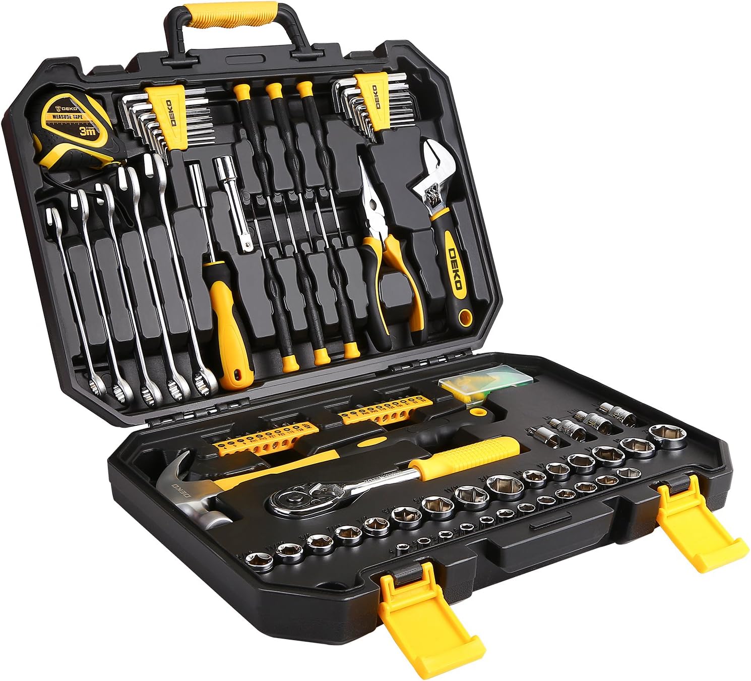 DEKO 128 Piece Socket Wrench Tool Set Auto Repair Mixed Tool Combination Package Hand Tool Kit with Plastic Toolbox Storage Case