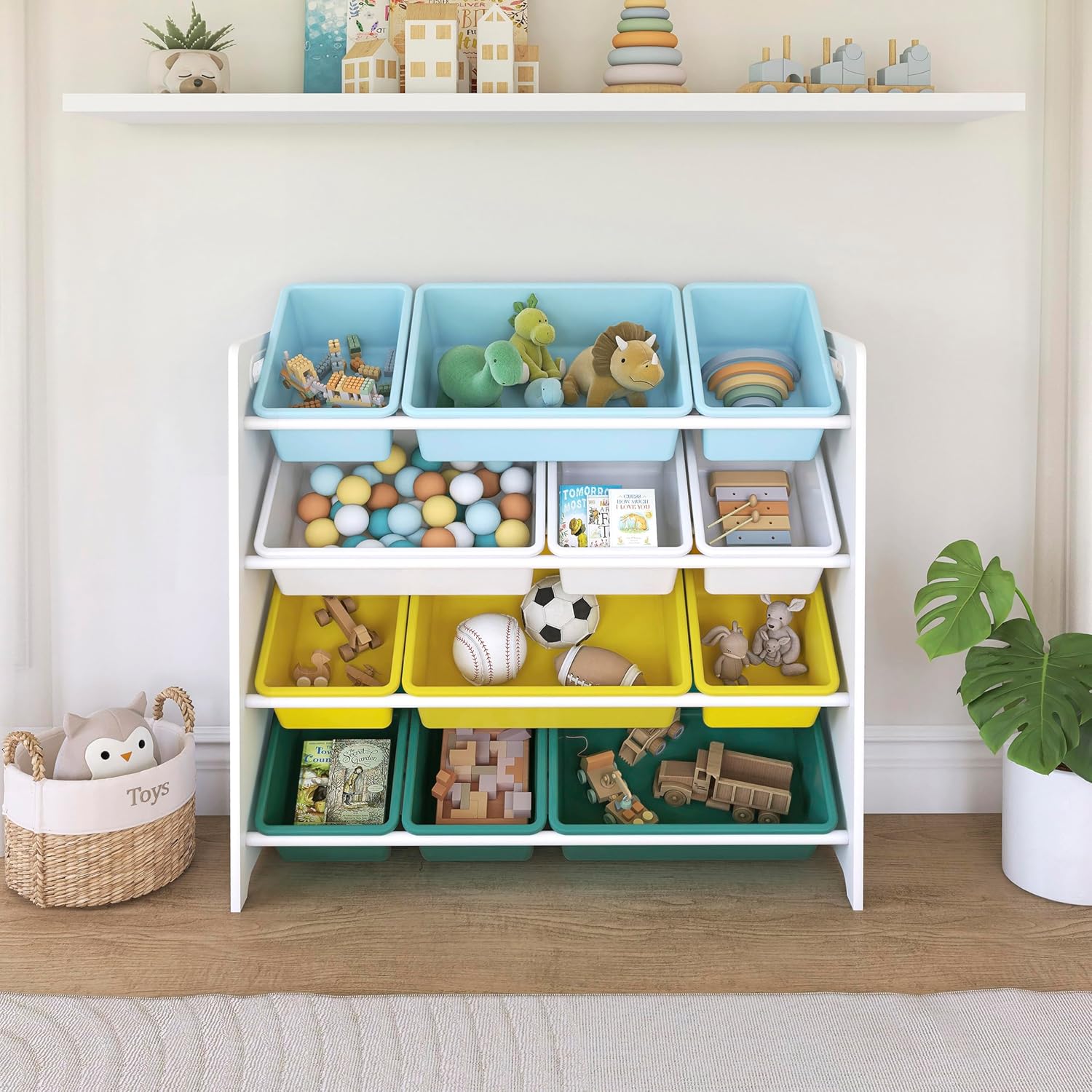 Evolur Kids Toy Storage Organizer with Bins – Wooden Frame & Durable Plastic Bins, Toddler Playroom Organizer for Nursery & Bedroom, ASTM Certified, Green & White