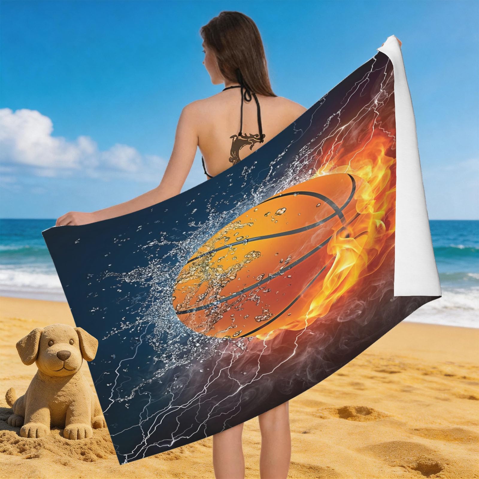 Leichong 3D Fire Water Basketball Beach Towel Microfiber Soft Quick Dry for Adults, Physical Education Bath Towel Lightweight Soft Absorbent for Travel Swimming Pool Sports, 75 x 150 cm