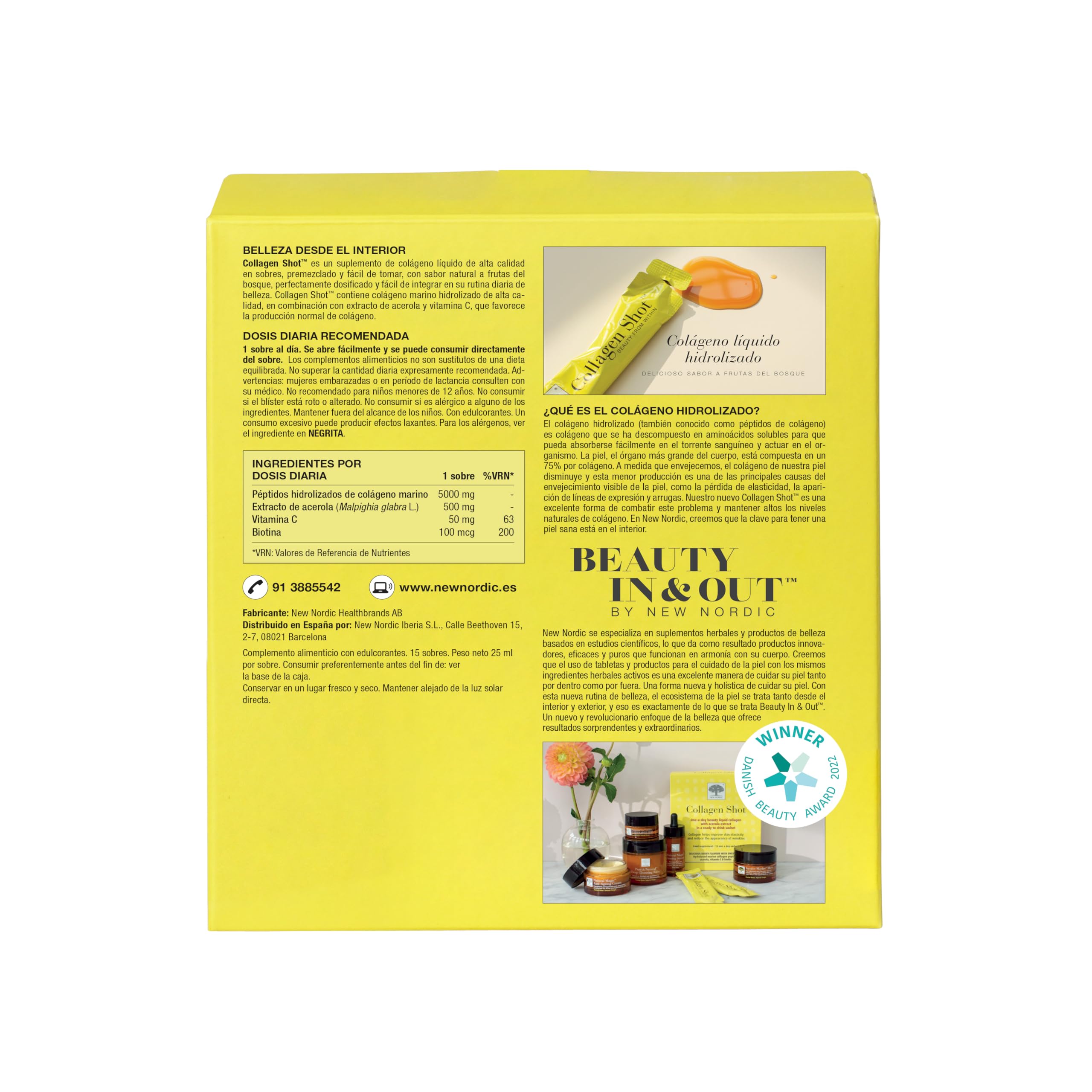 New Nordic Collagen Shot | Colágeno Líquido | Vitamina C | Biotina | Sabor Frutas del Bosque | 15 Sobres | Suplemento Alimenticio | Natural