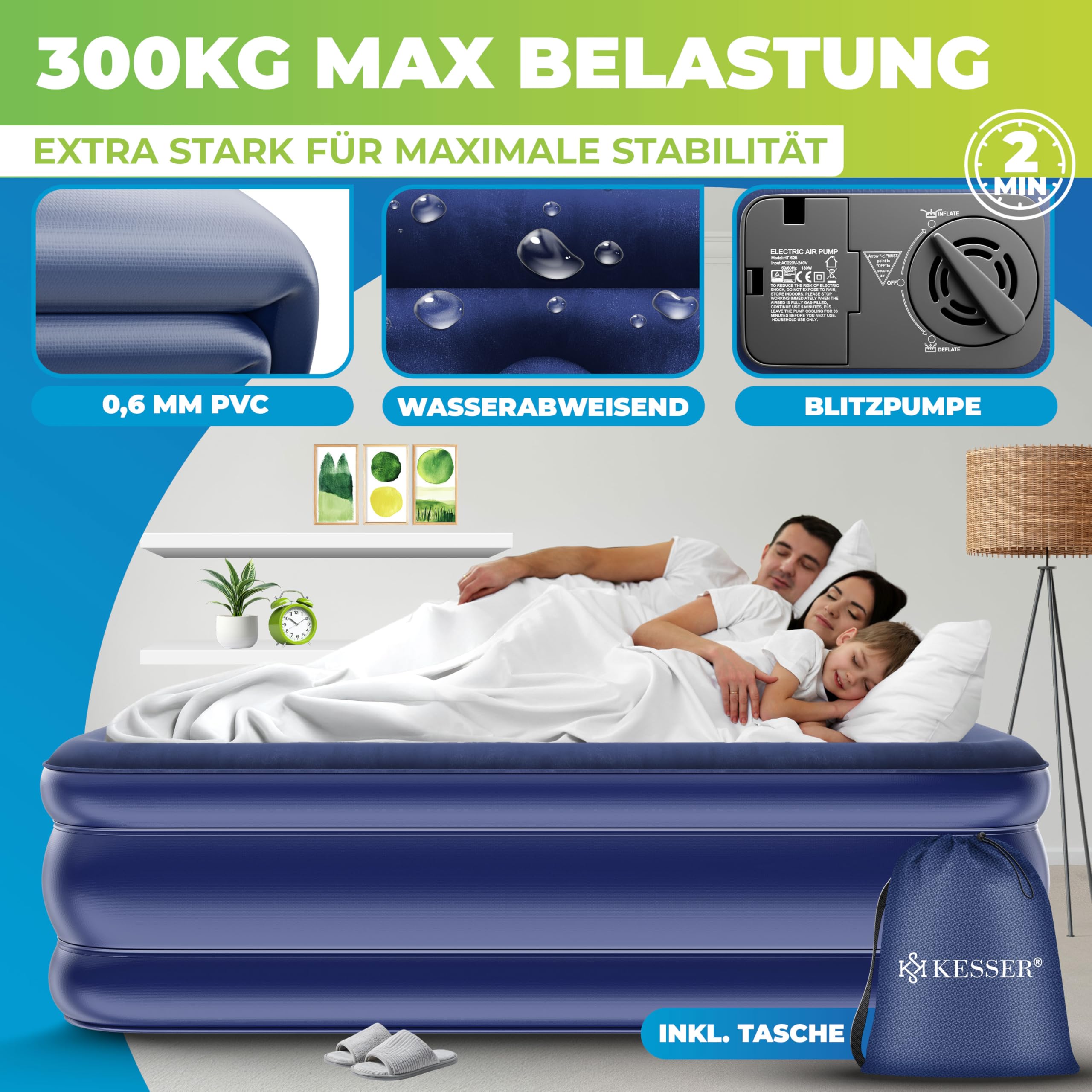 KESSER® Colchón hinchable con bomba eléctrica integrada, colchón de aire para camping o uso doméstico con bolsa, adecuado para 2 personas, 203 x 152,5 x 51 cm