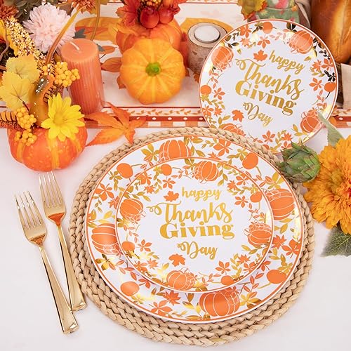 Miniatura 5 de DaYammi 60 platos de plástico naranja de Acción de Gracias, platos de oro blanco con diseño de calabaza y hojas, platos desechables dorados incluyen