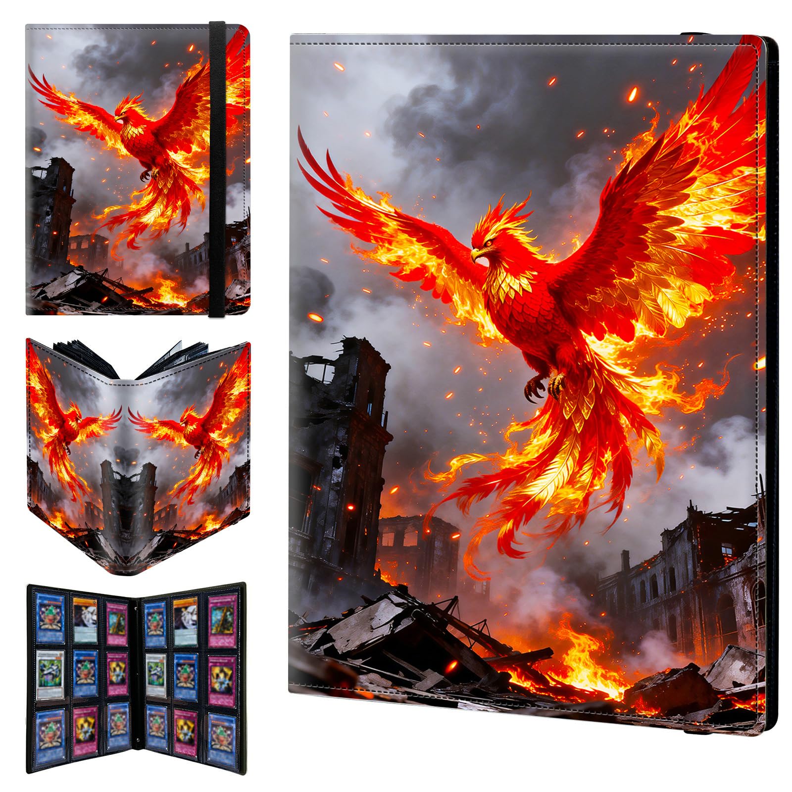 9 Pocket Trading Card Binder 540 Side Loading Pocket Album with Cute Fire Phoenix Pattern Design Card Binder for Sports Cards & Game Cards