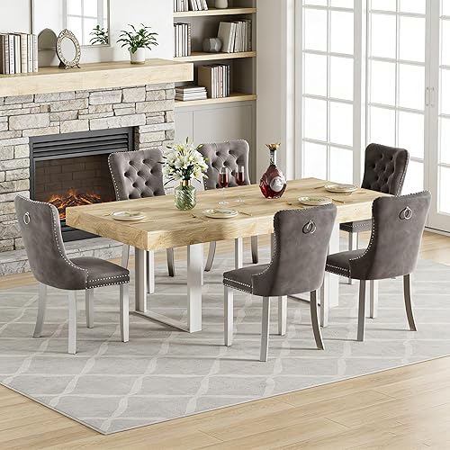 Miniatura 46 de Goujxcy Juego de mesa de comedor extensible de 7 piezas para 6, 63-78 pulgadas, juego de mesa de cocina marrón rústico con 6 sillas grises copetudas