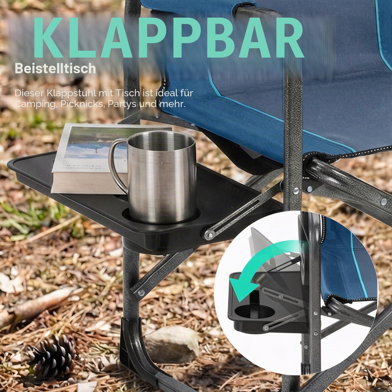 OVERMONT Campingstuhl Faltbar Regiestuhl Klappbar - bis 180 KG Belastbar - 2PCS Klappstuhl mit Seitentisch Kühltasche für Camping Angeln Festival Blaugrau