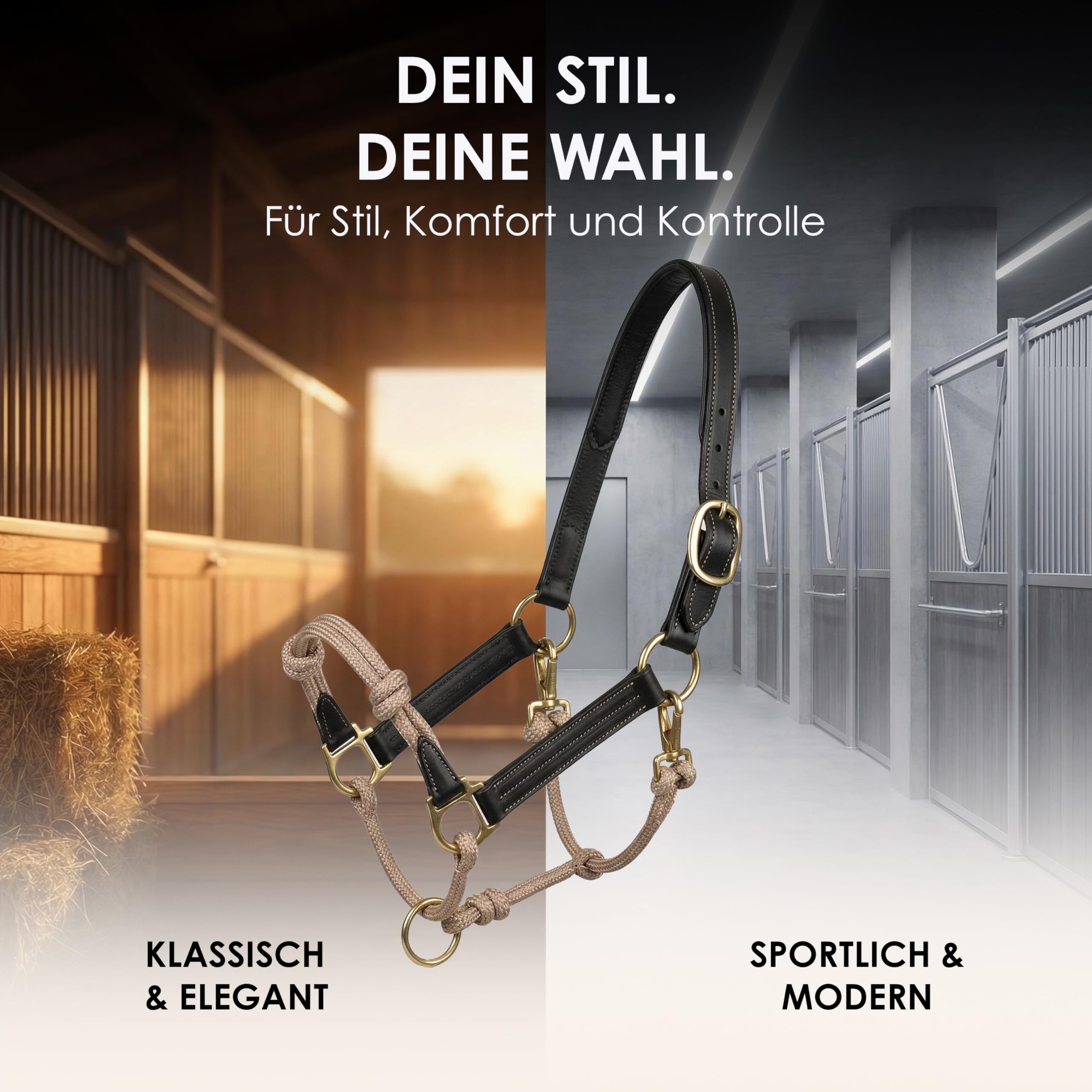 Halfter für Pferde aus Leder – hochwertiges Pferdehalfter für Bodenarbeit & Training – mit Rope-Nasenstück & Metallbeschlägen – Halfter Pony, COB, Full – Schwarz/Beige (Edelstahl, Pony)