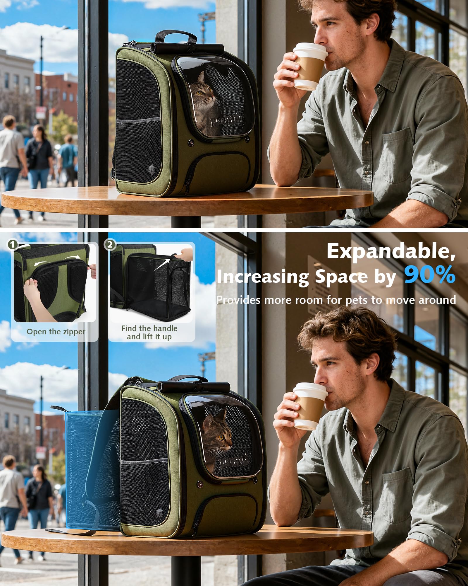 Pecute Scalabile Zaino Trasportino per Gatti a Bolla - Ampio spazio stabile, parasole traspirante, ideale per viaggiare, fare visitare cliniche veterinarie con il tuo animale domestico, Verde