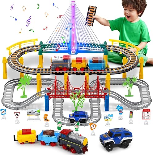 Juego de tren eléctrico para niños de 4 a 8 años con juego de pistas de tren y pistas de automóvil, puente iluminado, señal de tráfico, sonido