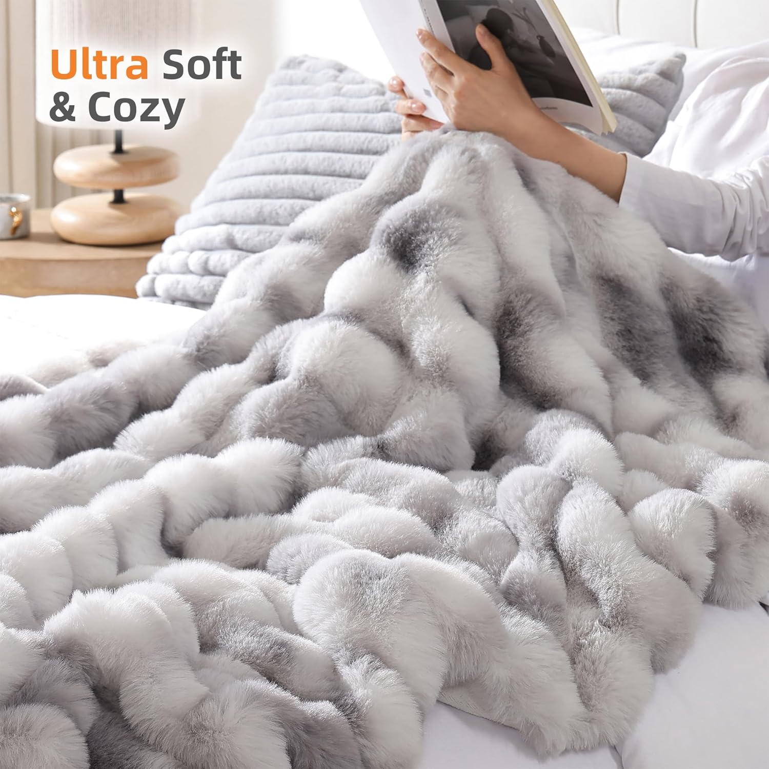 Smoofy Faux Fur Throw Blanket for Couch Rabbit Fleece - Tie-dye Grey Fluffy Blanket for Sofa Bedroom Living Room, Cozy Soft Plush Luxury Thick Winter Fuzzy Comfy Bubble Blanket - 50" x 60" - Image 4