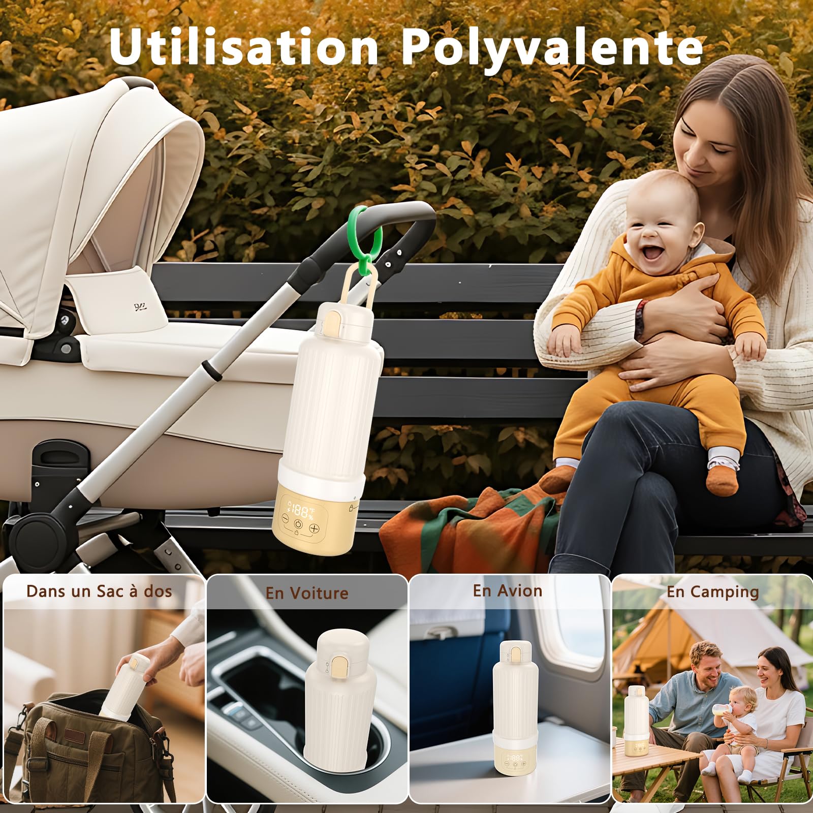Robofun Chauffe Biberon Portable pour Nomade sans Fil, Chauffage Rapide et Grande Capacité De 500 ml, Longue Autonomie pour Toute la Journée