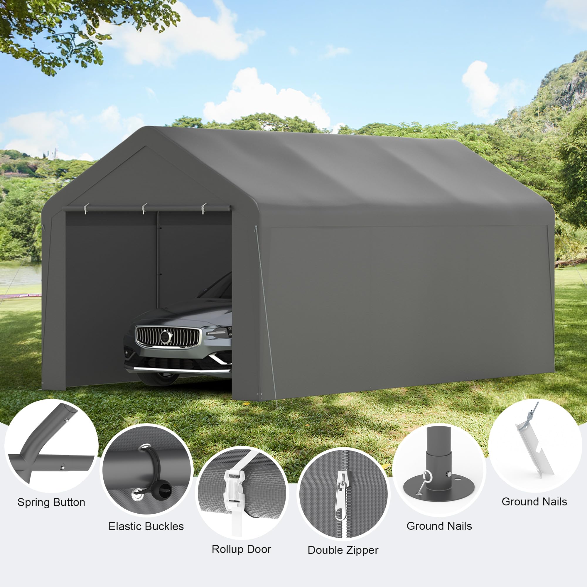 Tettoia per auto coperta, 3 x 50 m, con pareti laterali e porte rimovibili (grigio)