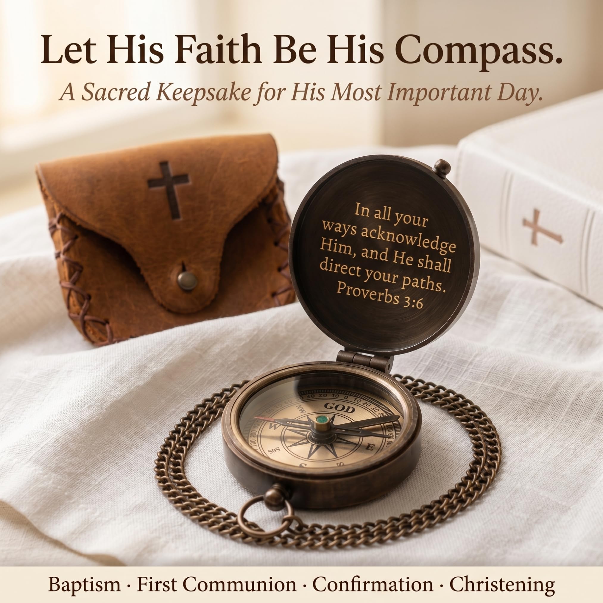 Baptism Gifts for Boys – Confirmation & First Communion Compass Gift – Catholic Christian Brass Pocket Compass with Scripture – Religious Keepsake for Christening – Gift for Godson, Son, or Grandson