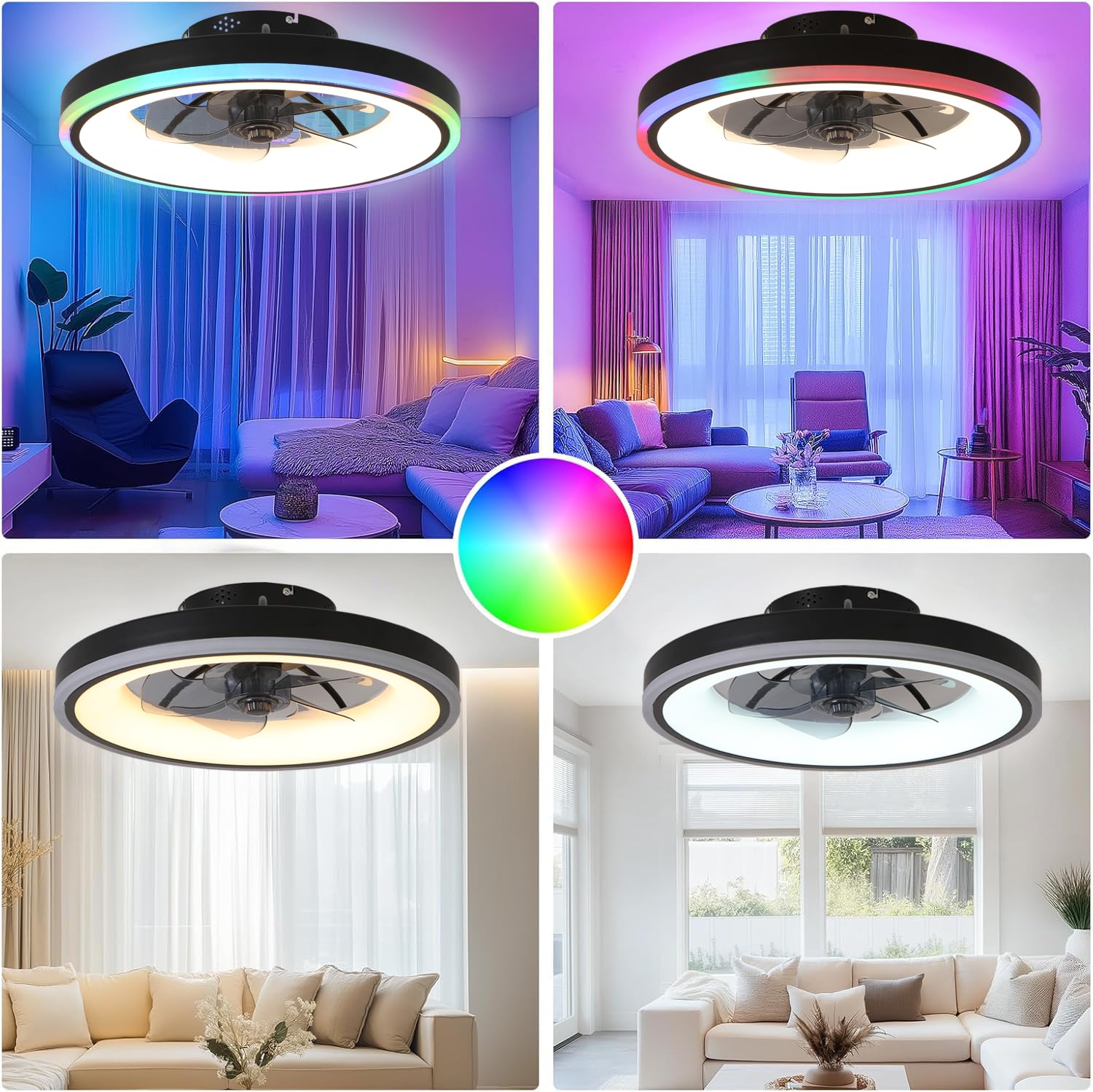 60W RGB Deckenventilator mit Beleuchtung, Leiser Deckenleuchte Mit Ventilator, Fernbedienung & APP, dimmbar (3000K-6500K), 50cm Lampe mit Ventilator, 6 Windstufen Timer, Schlaf- Wohnzimmer