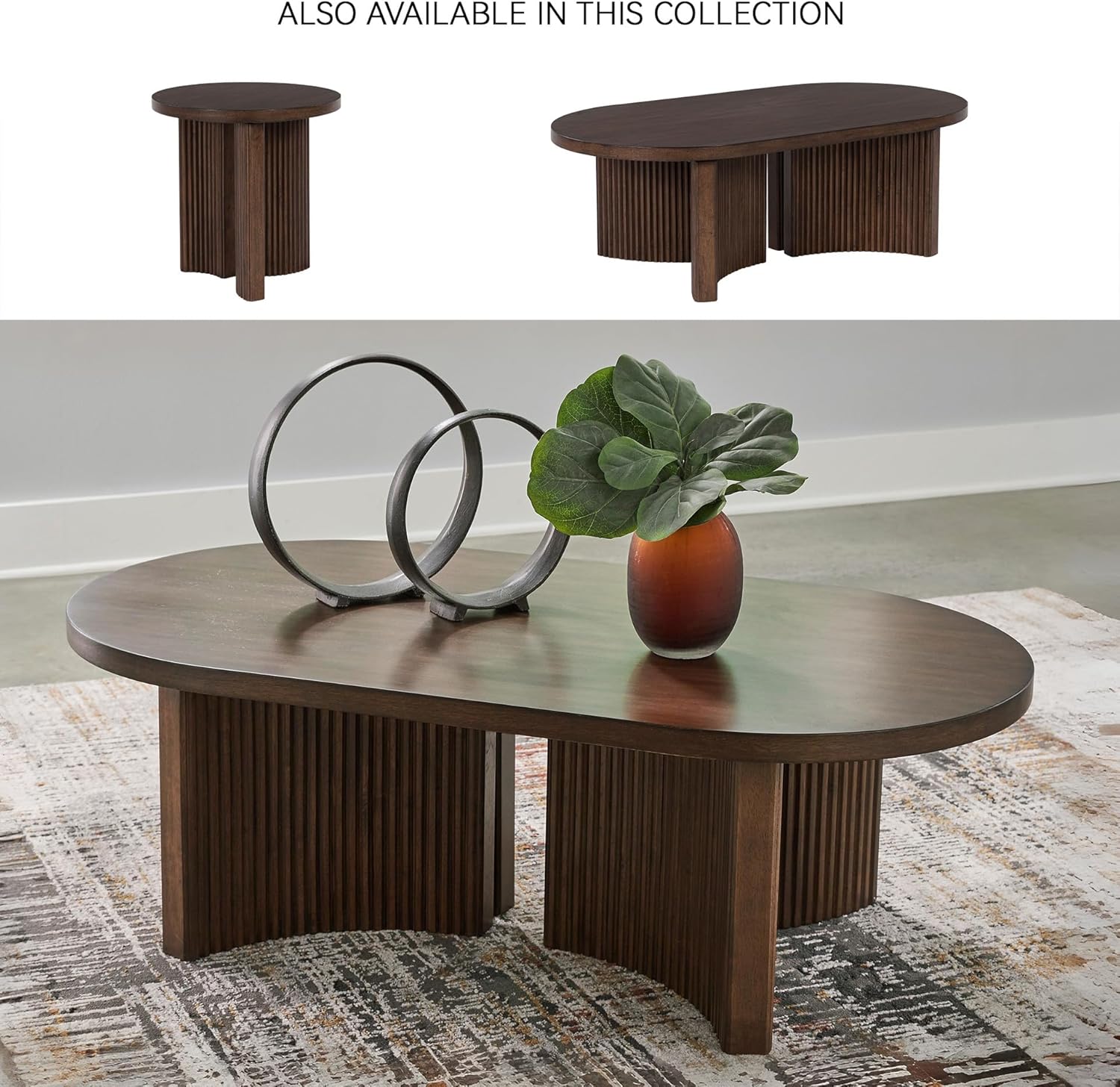 Signature Design by Ashley Korestone Mid-Century Modern Coffee Table with Reeded Double Pedestal Base, Dark Brown