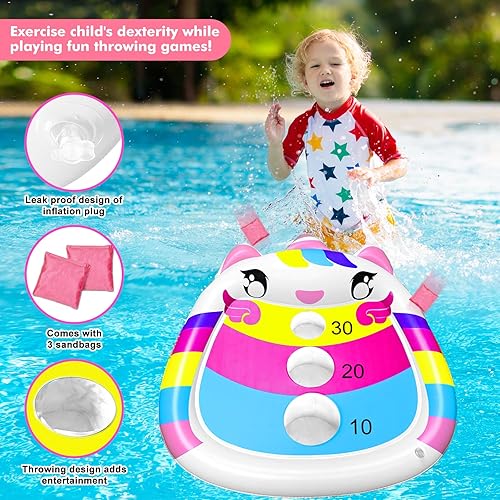 Miniatura 4 de Divertidos juguetes de piscina de unicornio para niños, tablero inflable de Cornhole, juego de agua flotante, juego de natación al aire libre para