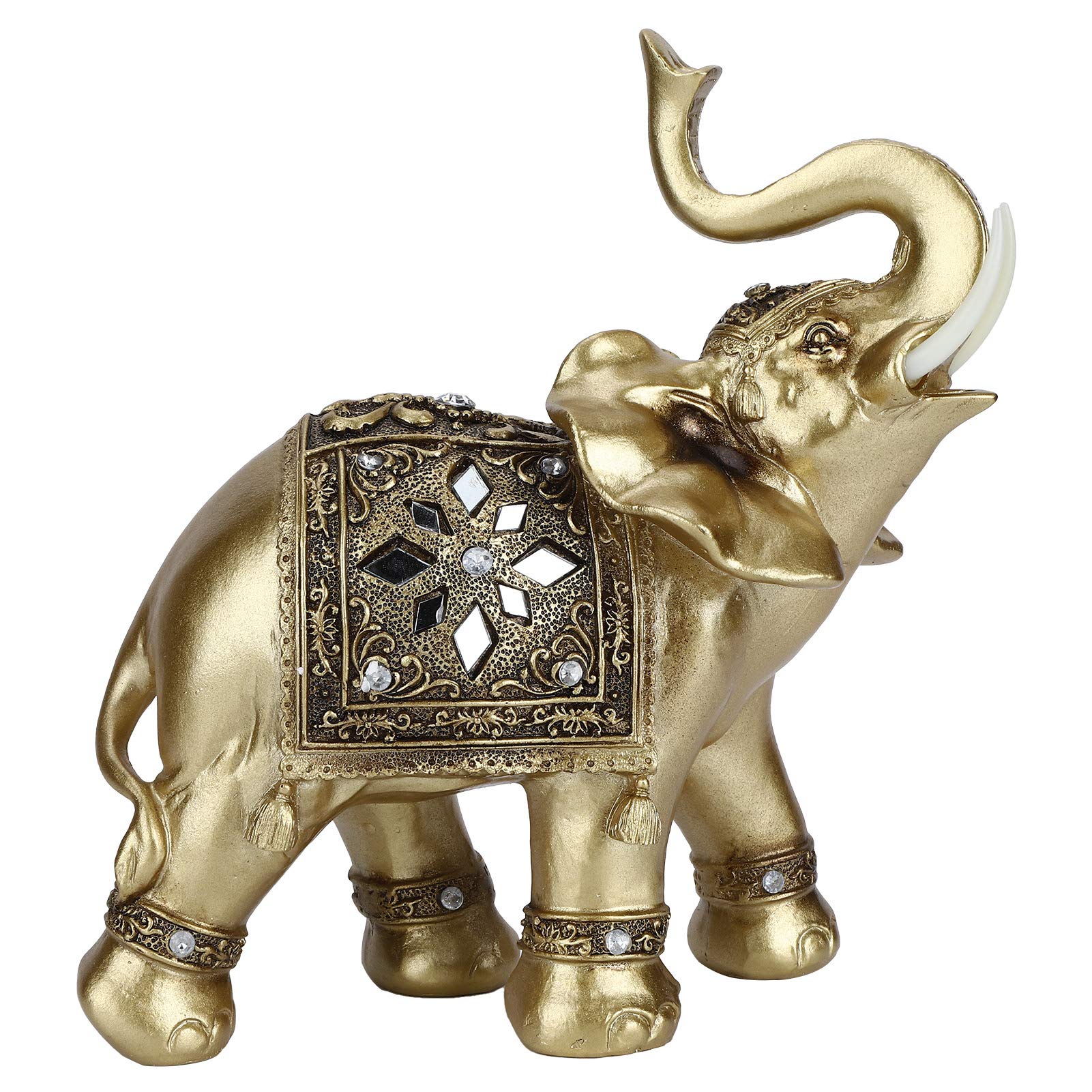 Statuetta con Statua di Elefante Dorato, Decorazione Elegante, Regalo per Casa e Ufficio, 28,5x24x10 Cm, Portafortuna in Resina