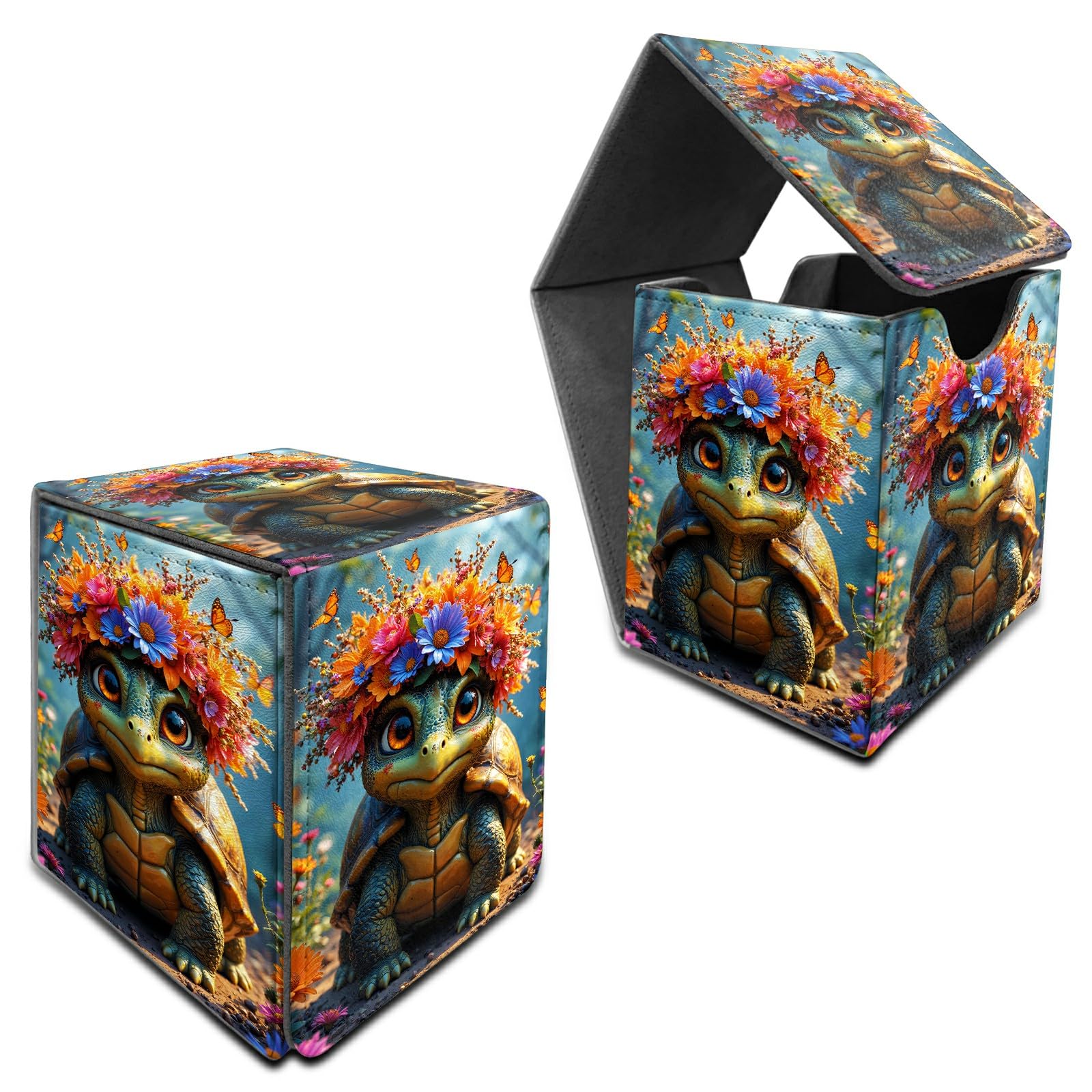 RWUTYTIUL for MTG Commander Deck Box, Storage Box Fits 100+ Sleeved Cards, Leather Strong Magnet Card Deck Case Holder for Board Game Magic MTG TCG CCG Sports Baseball, Forest Turtle — image 1