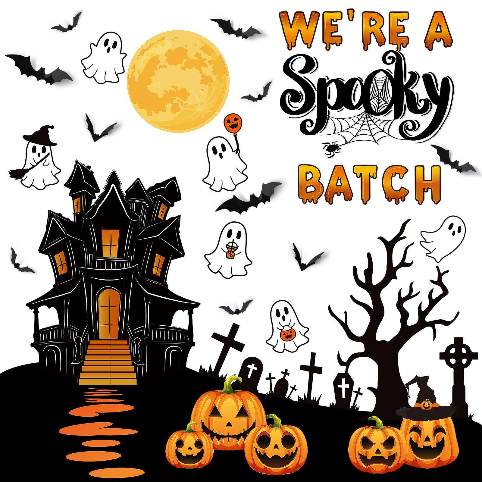 Halloween Bulletin Board Decor Set - Large Castle, Moon, Ghost & Skeleton Cutouts - Spooktacular Classroom Party Wall Decor