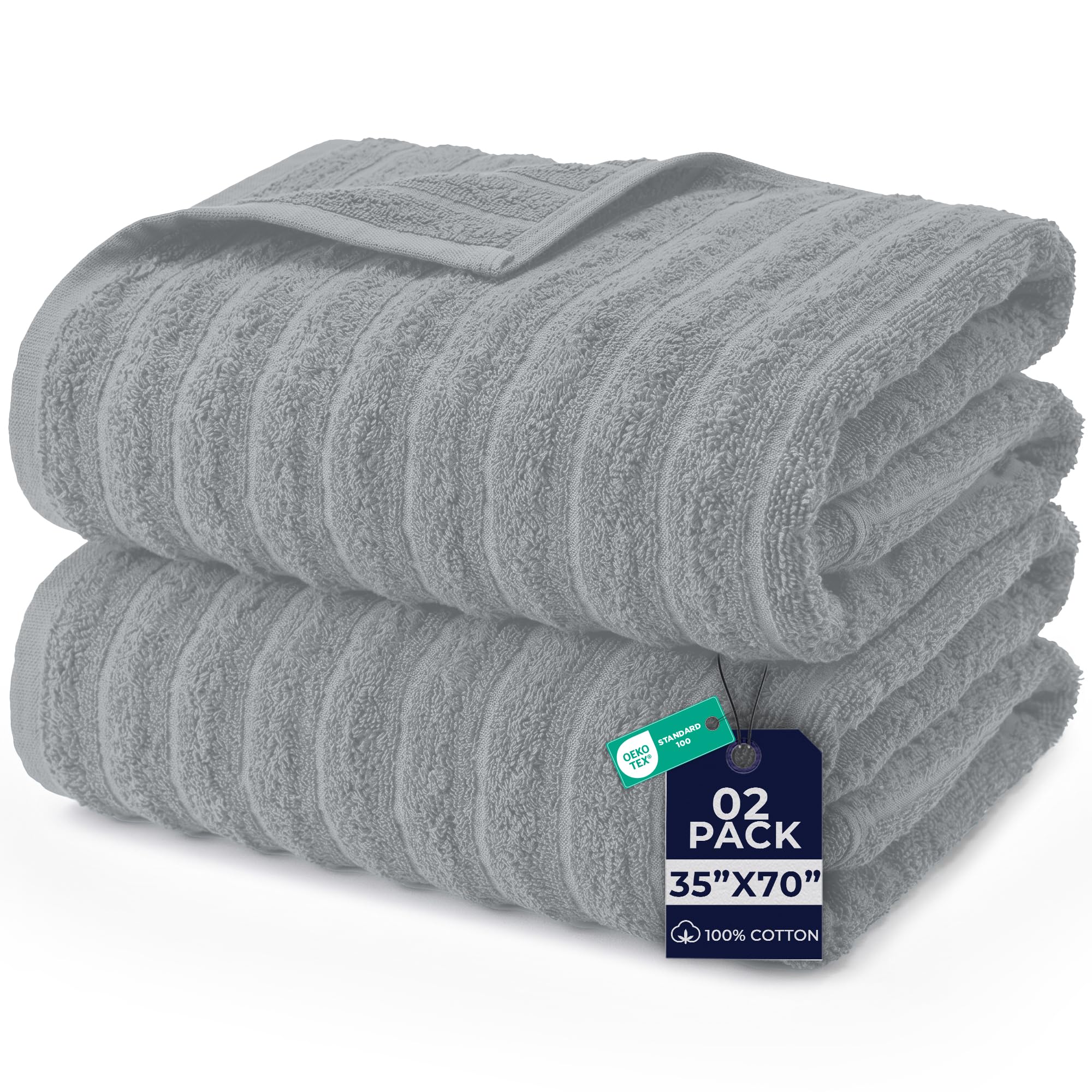 DAN RIVER Ribbed Extra Large Bath Sheets Pack of 2, 35 x 70 Inches, Silver