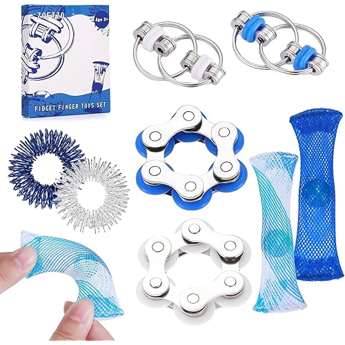 8 Pcs Sensory Fidget Toys Pack Flippy Roller Bike Chain Fidget Spinner Anxiety and Stress Relief Silent Tools Mesh Marble Acupressure Ring for Adults Teens Kids Boys Girls Easter Gifts
