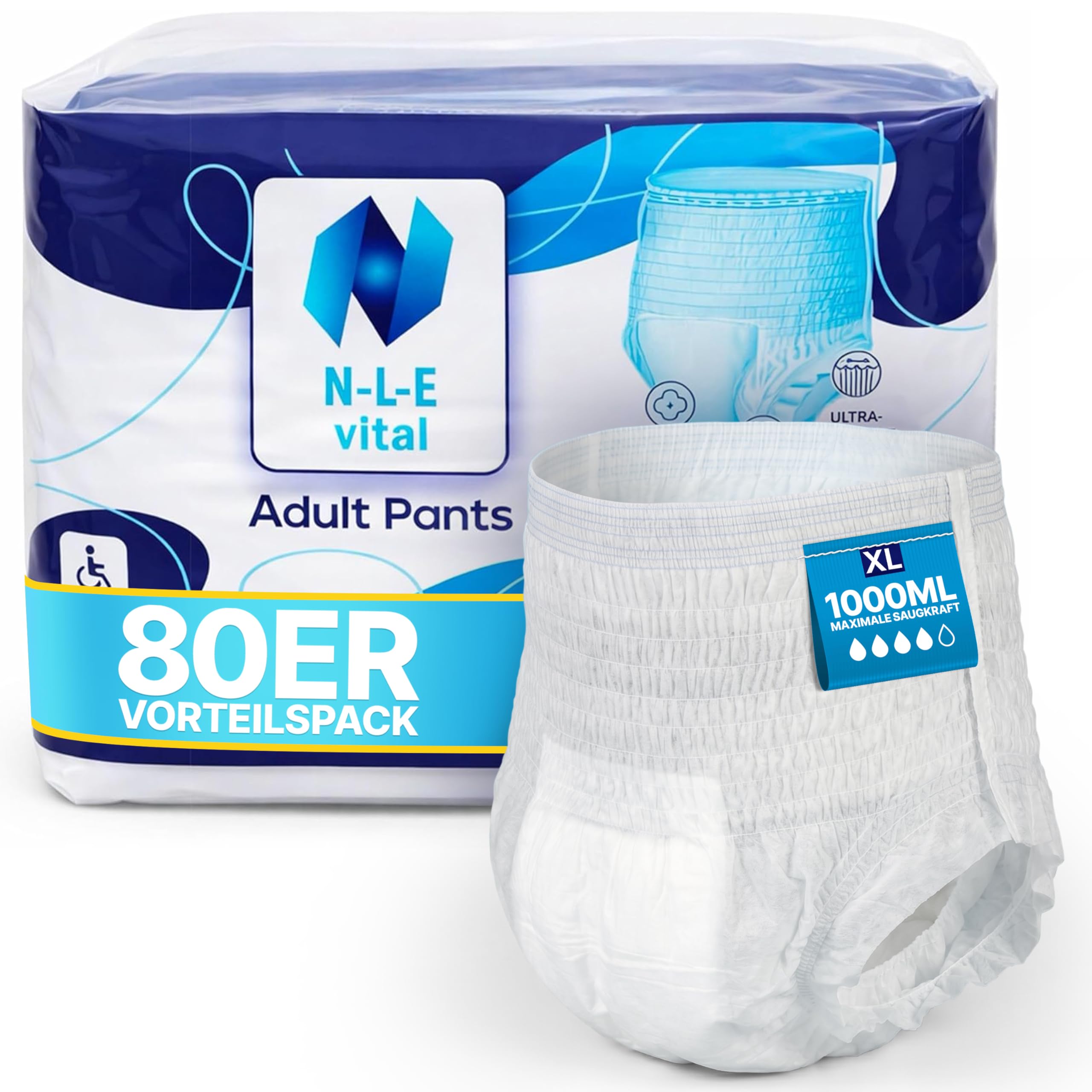 N-L-E Spodnie z nietrzymaniem moczu dla dorosłych XL, 80 sztuk, pieluchy do podciągania, moc ssania 1000 ml (XL - 80 sztuk)