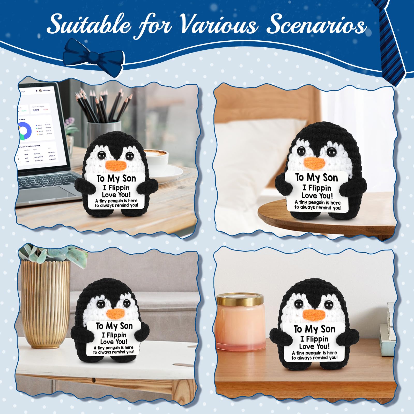CryCarrot Fathers Day Son Gifts from Mom Dad, Handmade Crochet Mini Penguin Birthday Gift for Son Teen Adult Bonus Step, to My Son Gifts for Birthday, Funny I Love You Son Father's Day Positive Decor