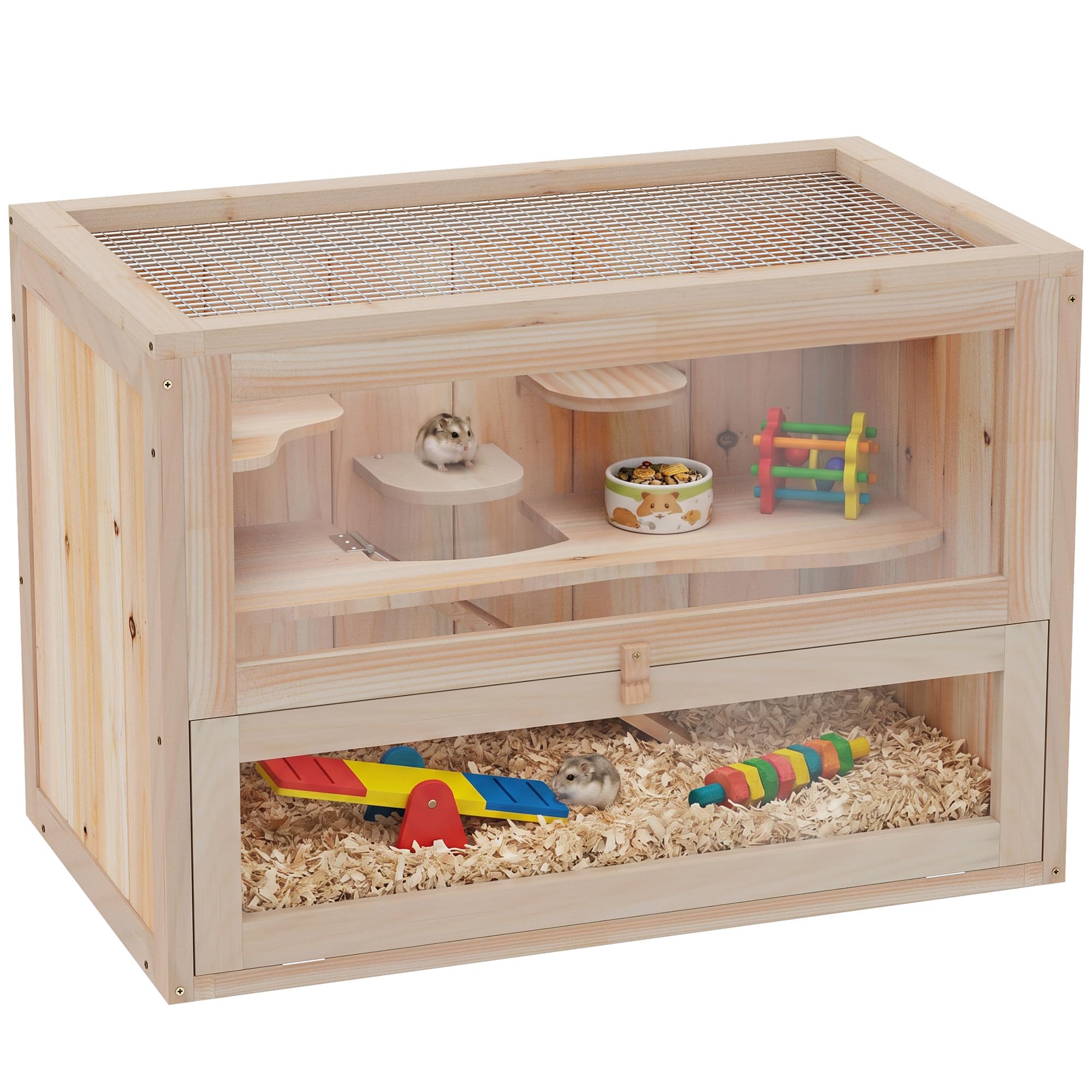 PawHut Jaula Madera para Hámster Ratoncillos Roedores Casa para Animales Pequeños 2 Niveles 60x35x42cm