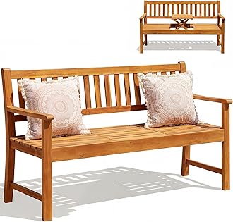 Outdoor Bench, 2-Person Garden Bench, Patio Wood Bench Outdoor Loveseat with Pull-Out Center Table for Backyard, Balcony and Patio and Garden (Log Color)