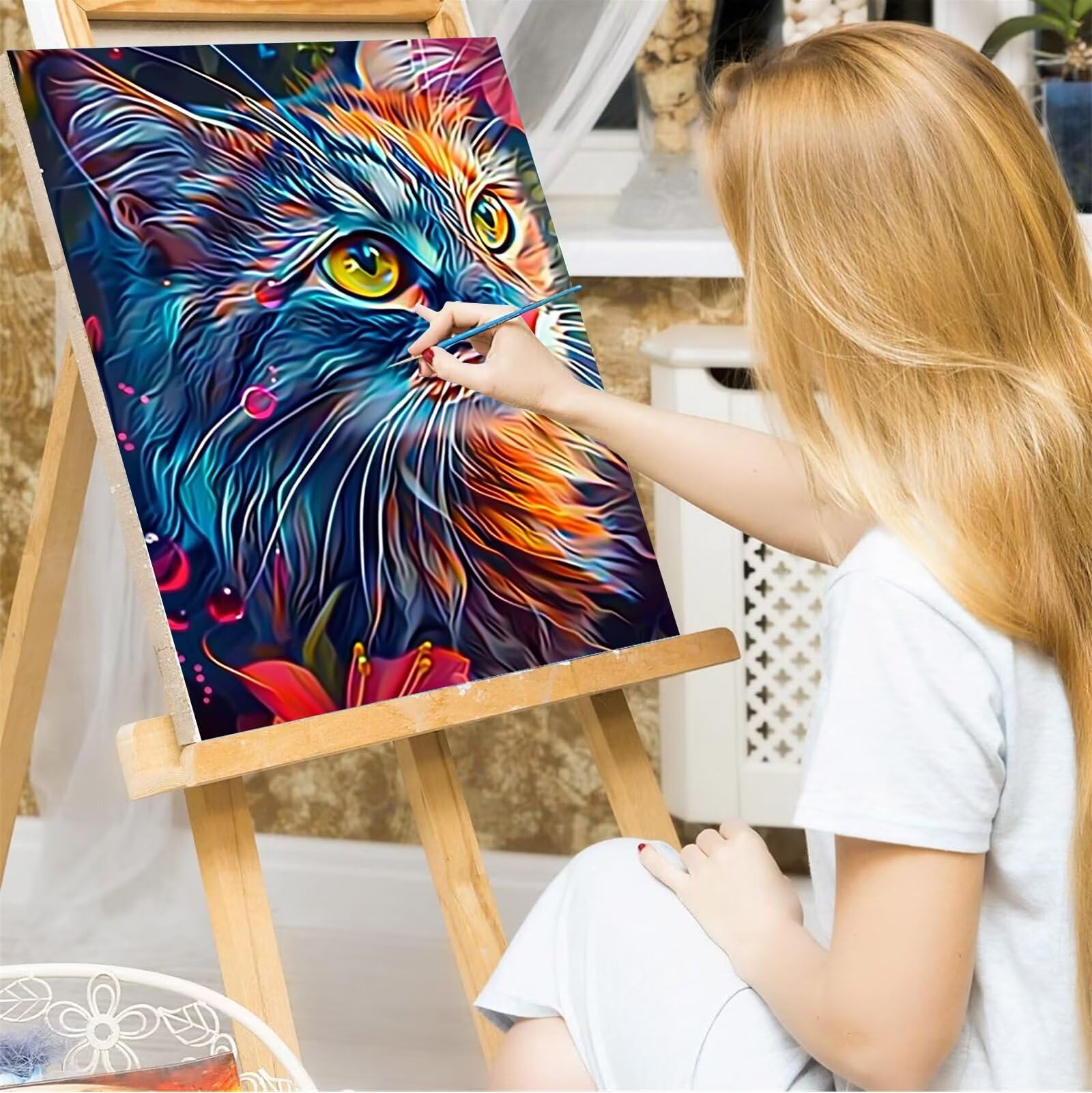 Peepezo Malen nach Zahlen Kinder ab 7 8 9 10 Jahre Mädchen, Malen nach Zahlen Erwachsene Malen-Nach-Zahlen Kinder Teenager Kreatives fürGeschenkideen Malen nach Zahlen Katze Tau 60x80cm (mit Rahmen)