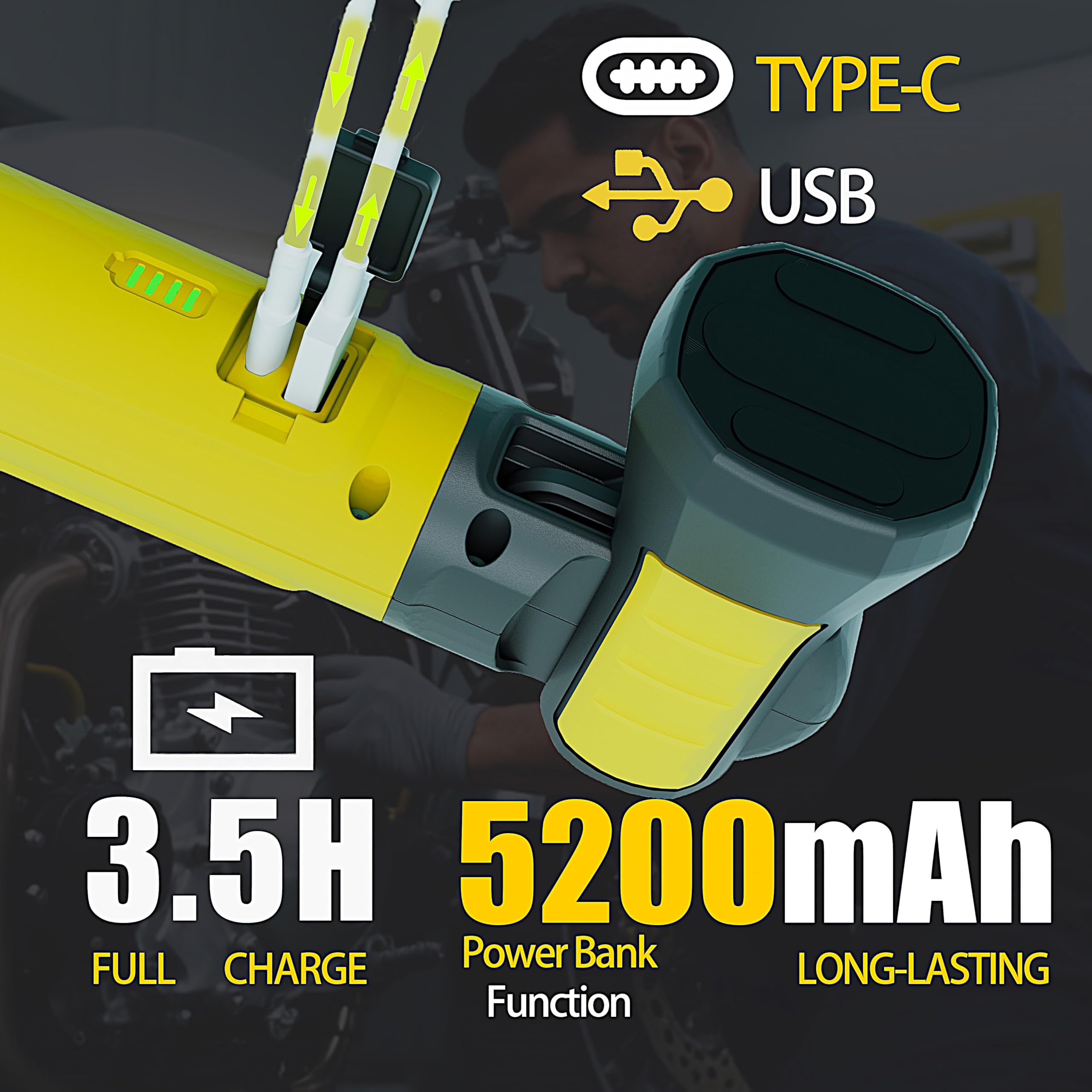 Luz de trabajo magnética – Barra de luz LED recargable de 3000 lm, 5200 mAh, luz mecánica debajo del capó para garaje, taller, inspección de vehículos (paquete de 1, amarillo)