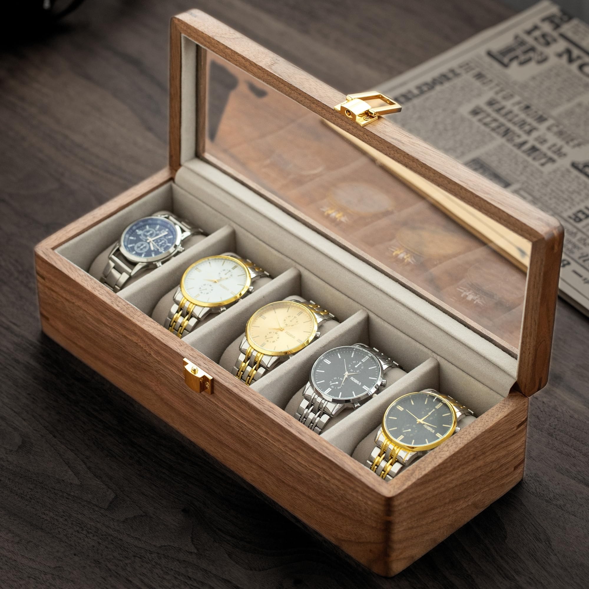 muso wood Boîte à montres en noyer 5 emplacements avec couvercle en verre pour homme | Présentoir de rangement de montres de qualité supérieure, cadeau parfait pour les hommes