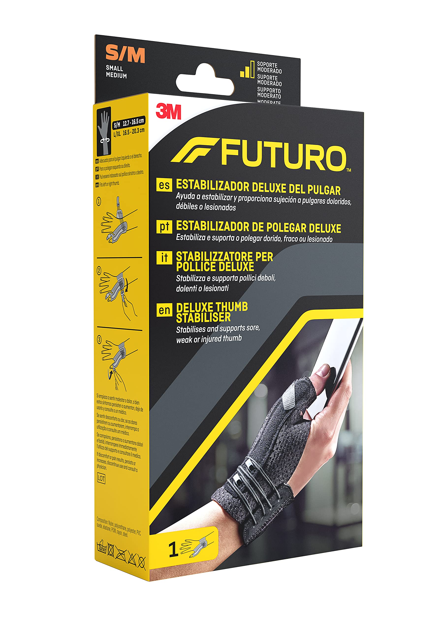 FUTURO Tutore Stabilizzatore per Pollice Destro/Sinistro, S/M, Pollice: 5.0, 6.3 cm, Polso: 12.6, 17.7 cm, Dispositivo Medico Marcato CE, Nero