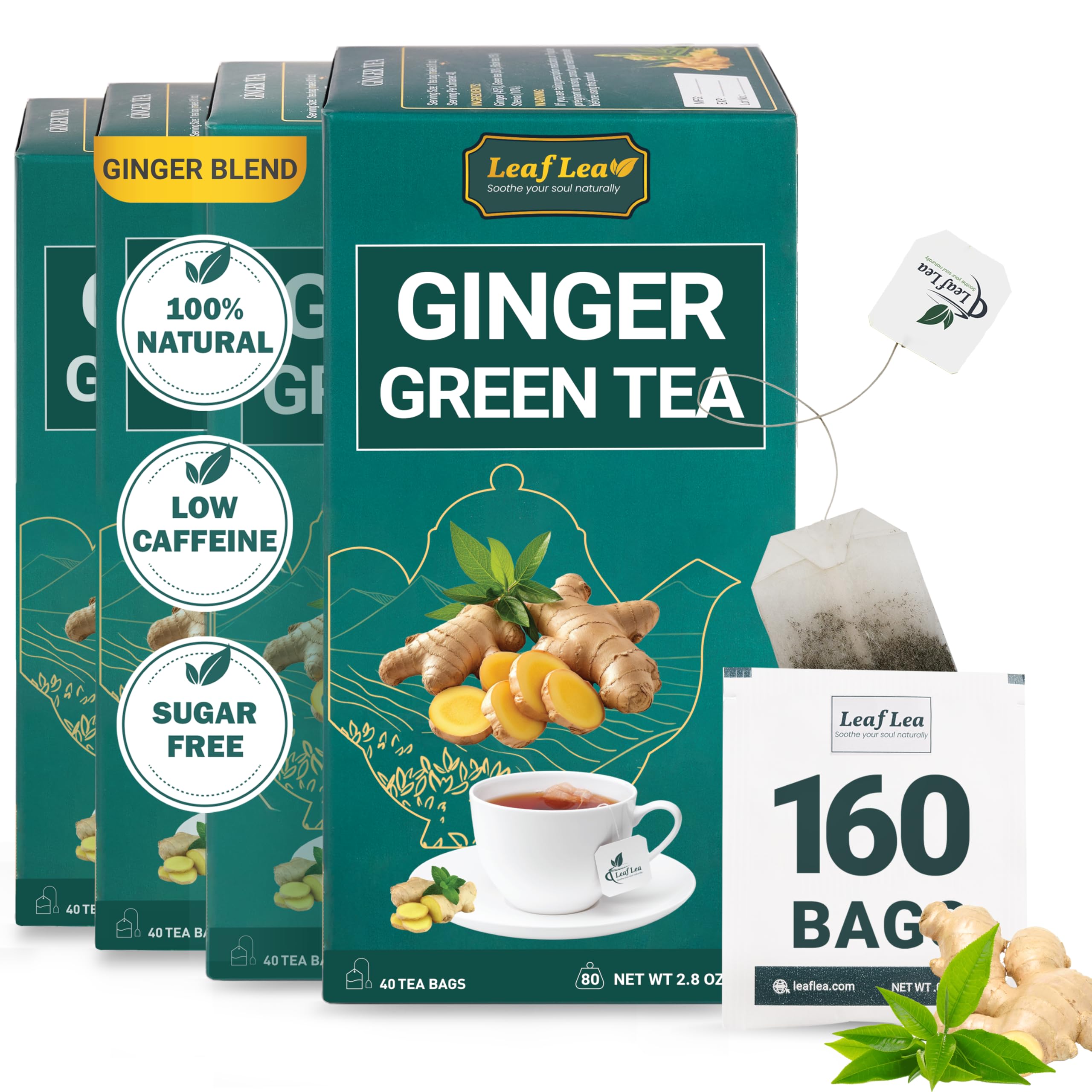 Premium Ginger Green Tea Bags Blend, Natural Green Tea with Ginger Tea Bags, Spicy and Warming Flavor Promotes Healthy Digestion, Ideal For Gift Box | 160 Tea Bags