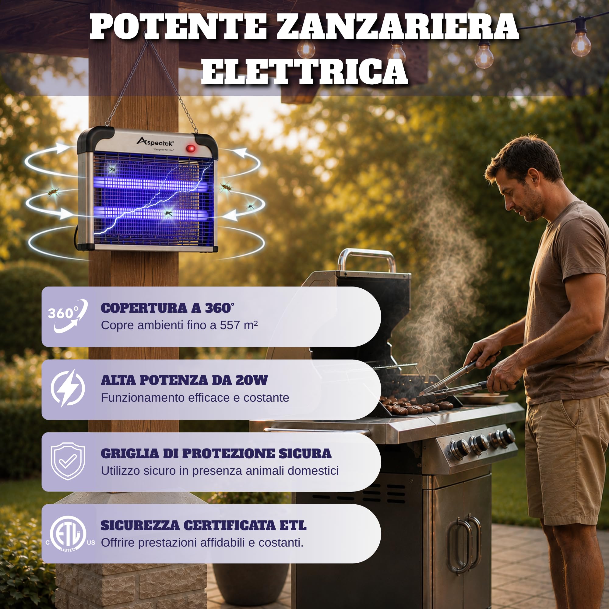 ASPECTEK Lampada Antizanzare Elettrica 20W 2800V – Sterminatore di Insetti e Mosche per Interni, Trappola per Insetti Volanti (Zanzare, Mosche, Moscerini), Include 2 Lampadine UV di Ricambio