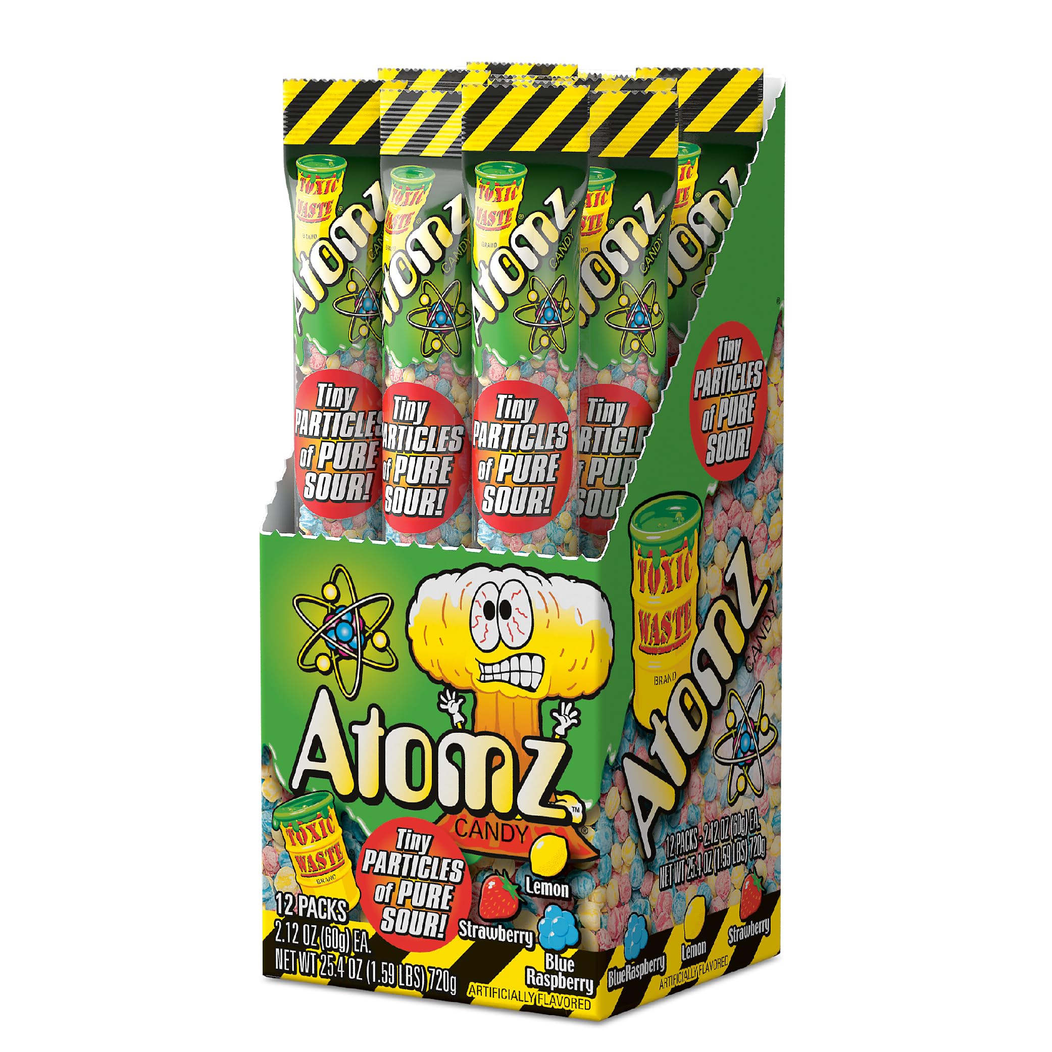 TOXIC WASTE - Atomz - Sour, Tangy, Chewy Candy - 3 Assorted Flavors: Lemon, Strawberry, & Blue Raspberry - 2.12 oz. Tube - 12 Pack