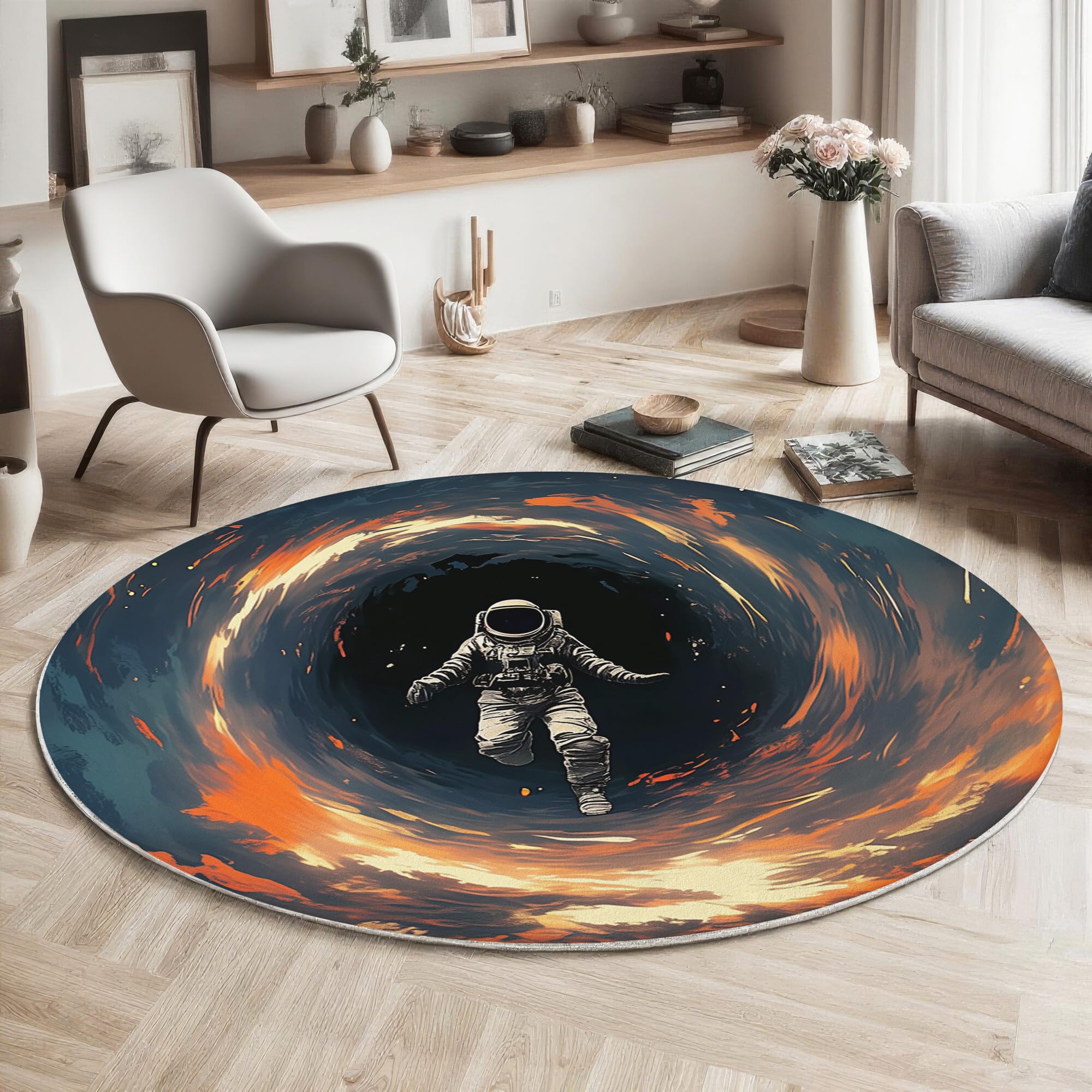 Tapis rond 140cm classic shaggy haut de gamme motif astronaute orange