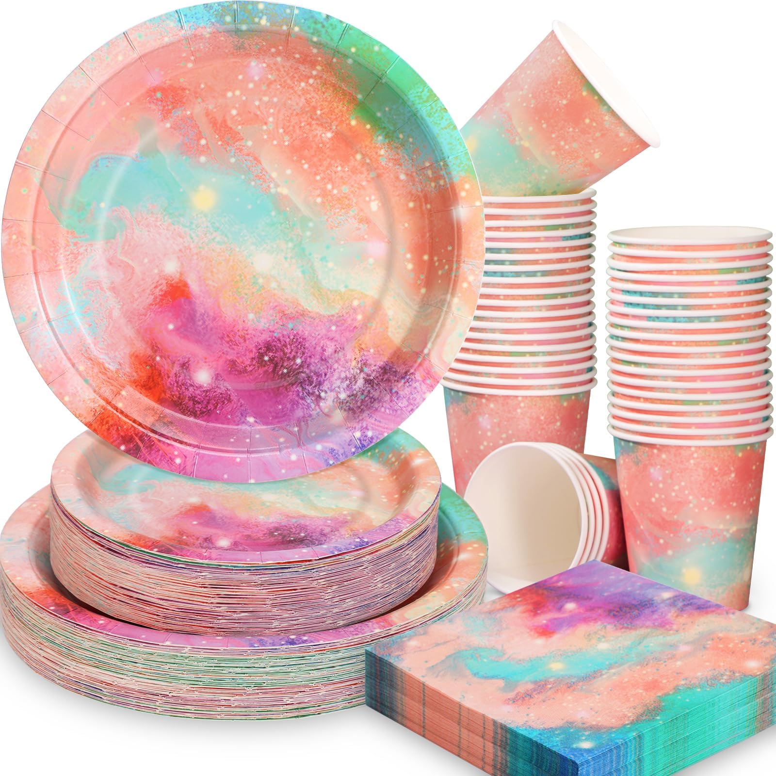 Gudvilla Pastel Birthday Plates and Napkins Pastel Rainbow Party Decorations Party Paper Plates Rainbow Plates and Napkins Party Supplies for Pink Galaxy Tie Dye Birthday Party Decorations Serve 50