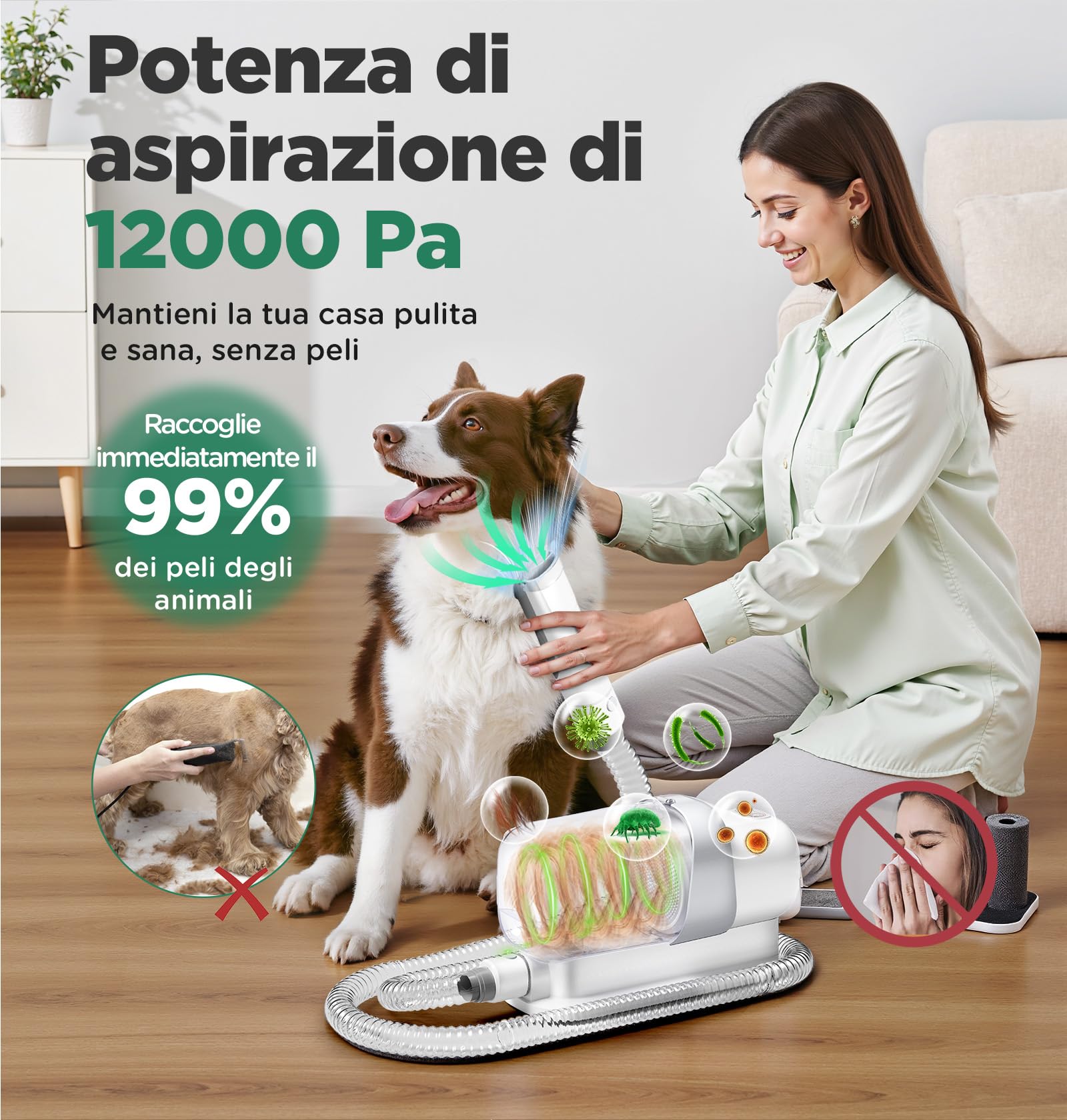 Gimars 2,3L Aspira Peli Cane 7 in 1 Kit Toelettatura Cani, Aspirapolvere Per Animali Con Spazzola, Forte Aspirazione 3k/7k/12k Pa Ultra Silenziosa Elettrico Tosatrice Per Gatto Pelo Professionale