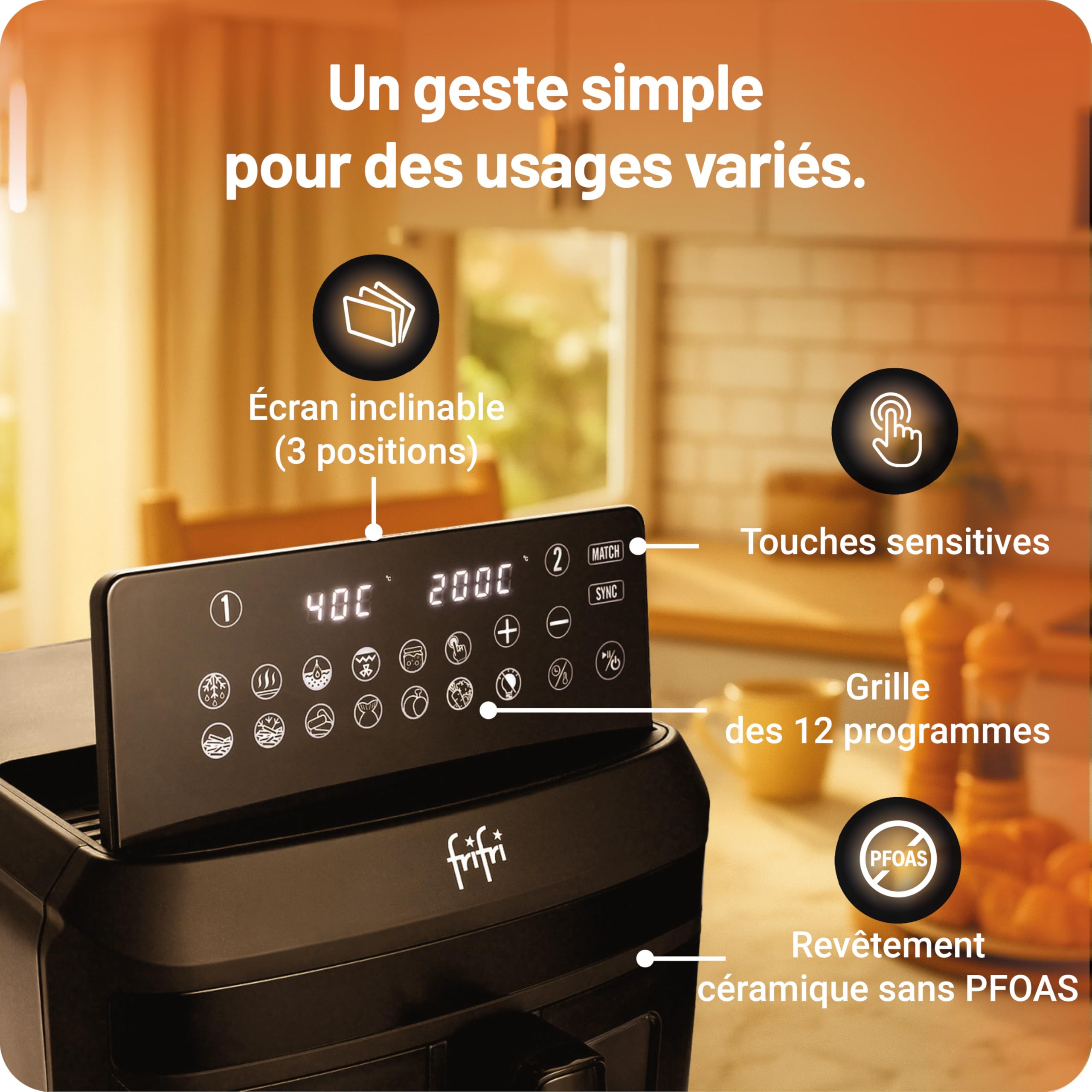frifri Airfryer Duo Slim 13L - technologie Cyclonique Airflow, 12 programmes automatiques, matériaux haut de gamme - Noir