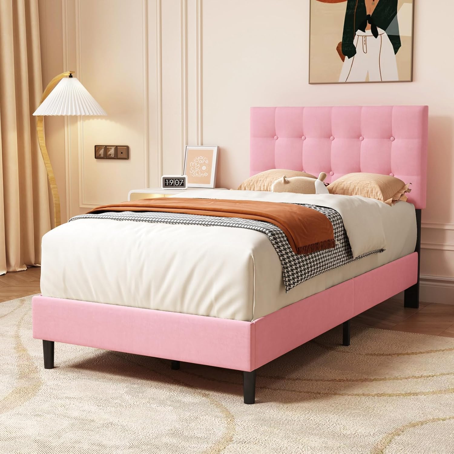 HITHOS Solid Wood Single Size Modern Upholstered Bed Without Storage Wooden Single Cot Bed for Bedroom Living Room Home (Pink)-image-12