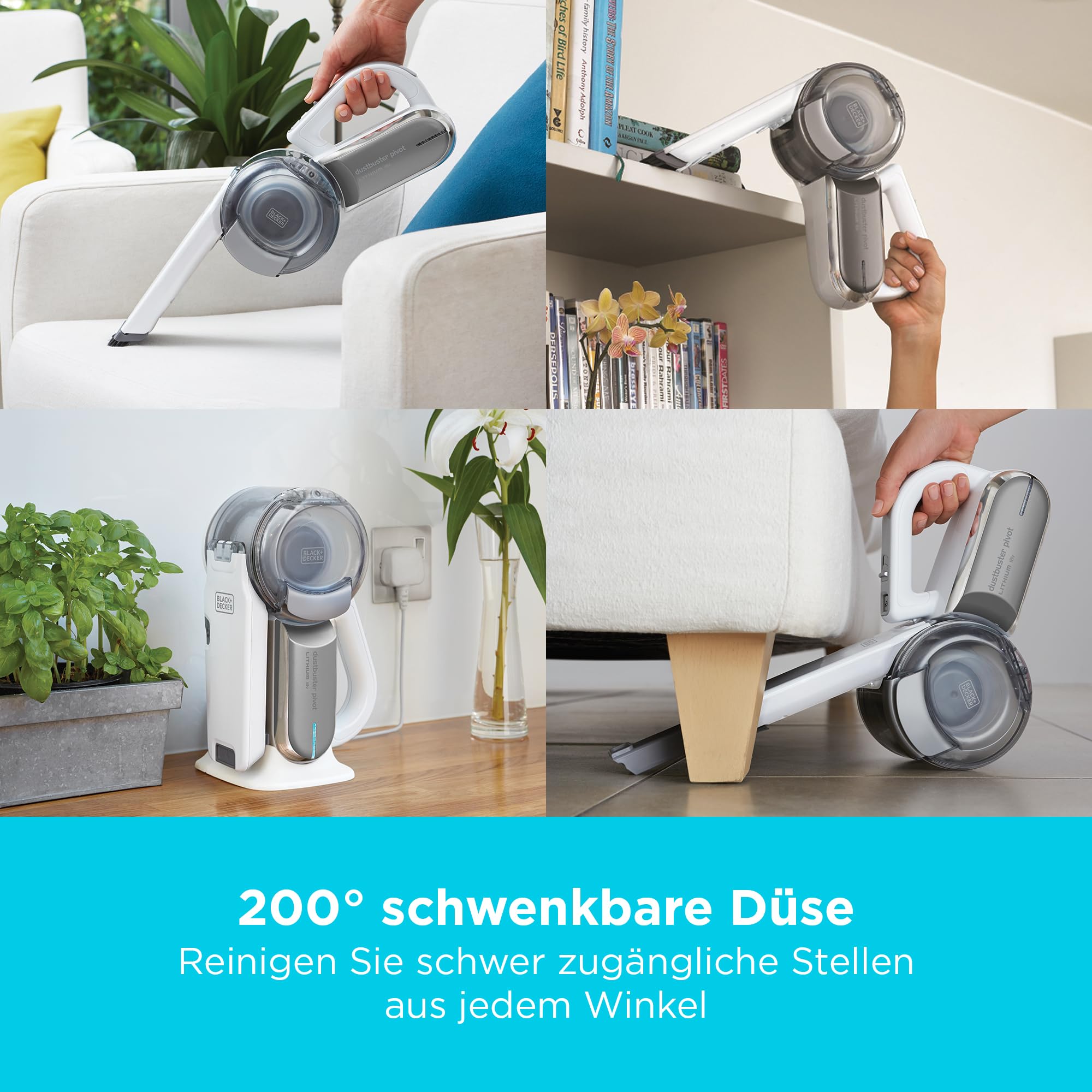 BLACK+DECKER Akku-Handstaubsauger 18V mit schwenkbarem Kopf, 8 Reinigungspositionen, Ladestation und Zubehör, PV1820L-QW