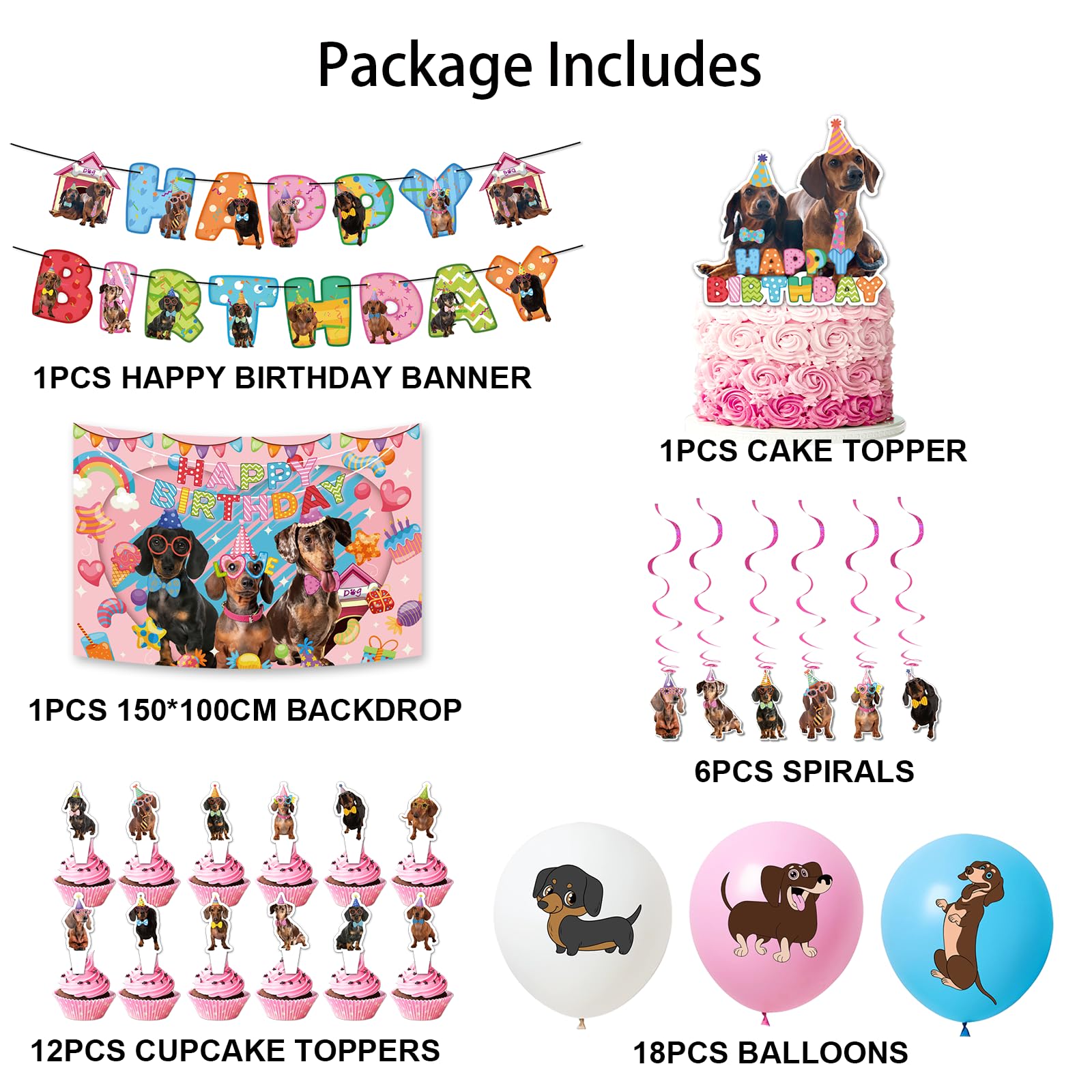 Set di decorazioni per feste di compleanno – striscioni, spirali, topper per torte, cupcake, palloncini, sfondo per celebrazioni
