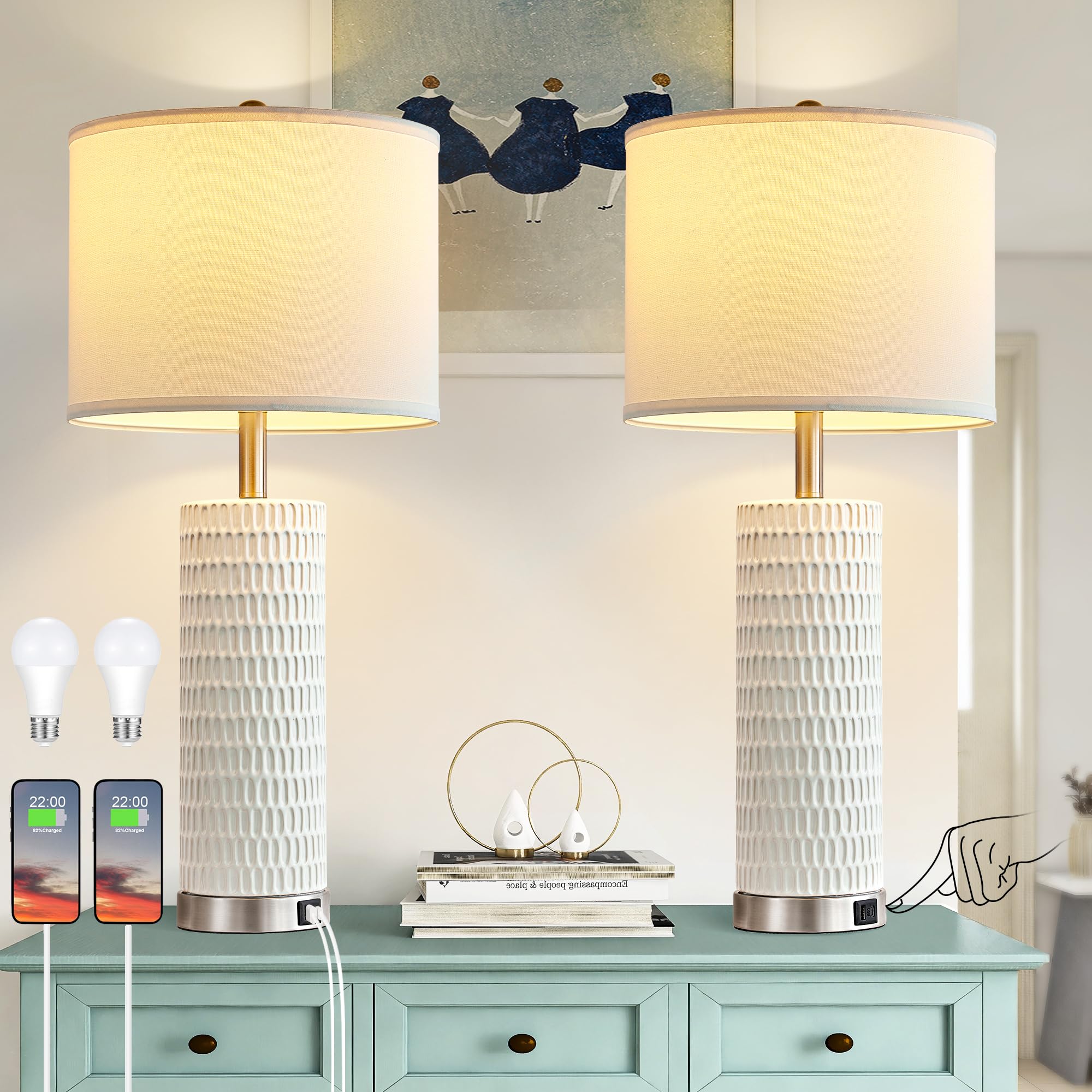 BZZMMB White Table Lamps Set of 2, 28" Ceramic Lamps for Living Room with USB C+A Ports, Touch Lamps for Nightstand, 2 Bulbs Included