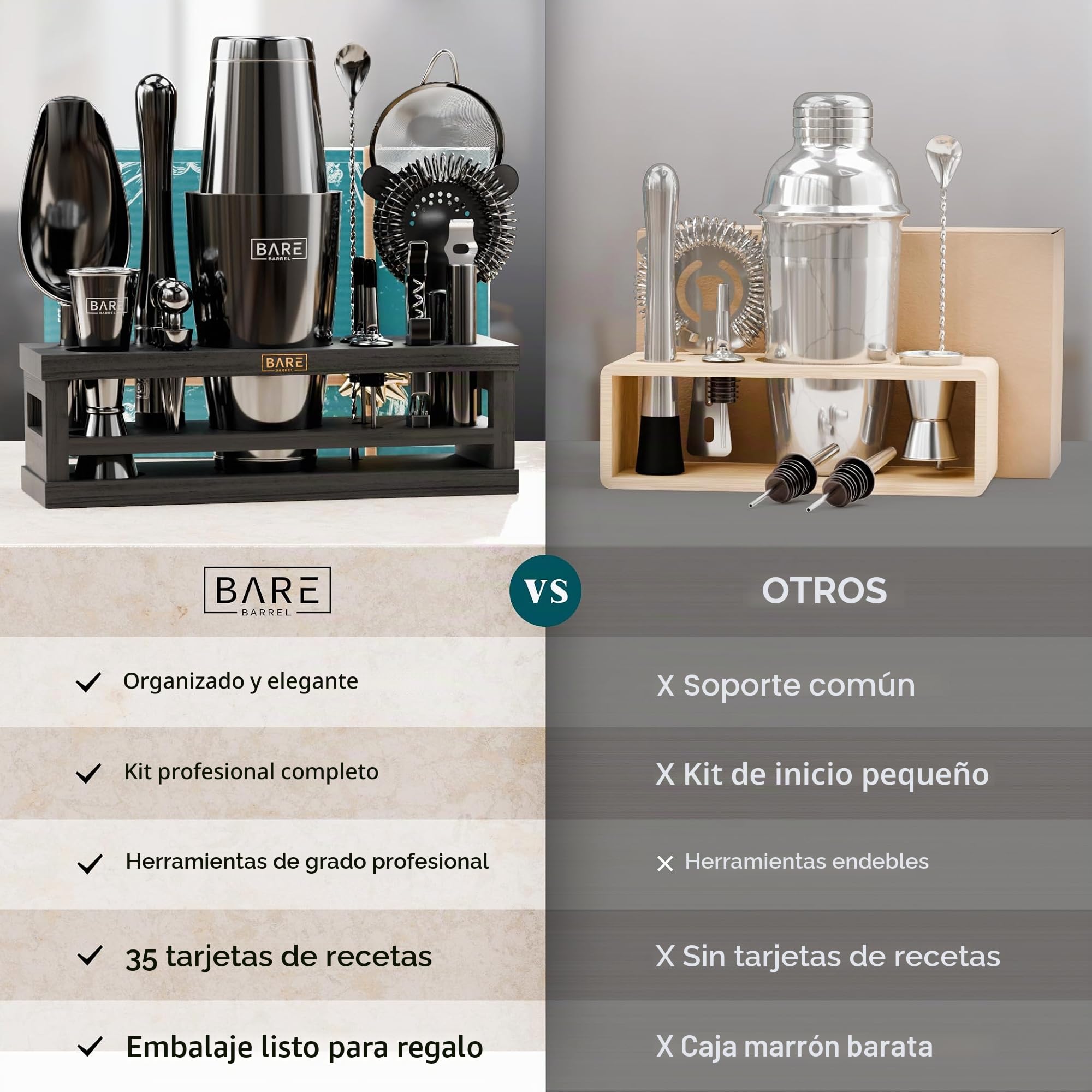 BARE BARREL® Kit de preparación de cócteles | Kit de coctelera de 16 piezas | Soporte de exhibición de bambú y 35 tarjetas de recetas | Juego de regalo de cóctel Mixology (coctelera Boston de 800 ml,