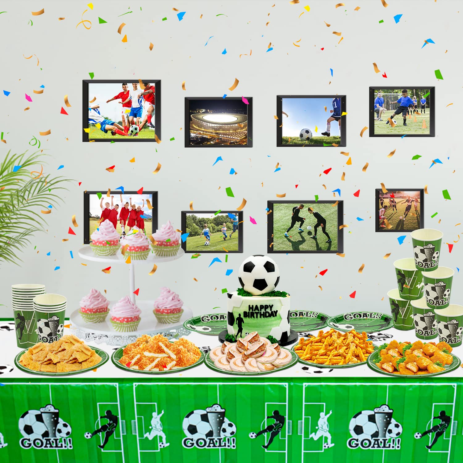 JSRHEEM Set di stoviglie decorazione festa calcio – 50 pezzi, piatti e bicchieri calcio inclusi; Tovaglioli per 10 persone - Decorazione compleanno tema calcio (Football3